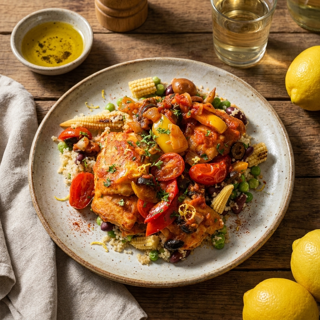 Spanish Seafood Paella W/ Seasonal Vegetables And Quinoa Mix Cous Cous