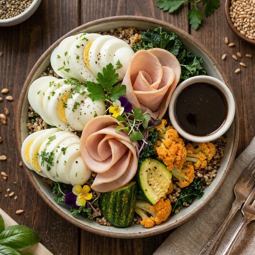 Signature Farmer's Turkey and Egg Breakfast Bowl with organic quinoa from Fittery, showing turkey slices, eggs, and quinoa in a bowl.