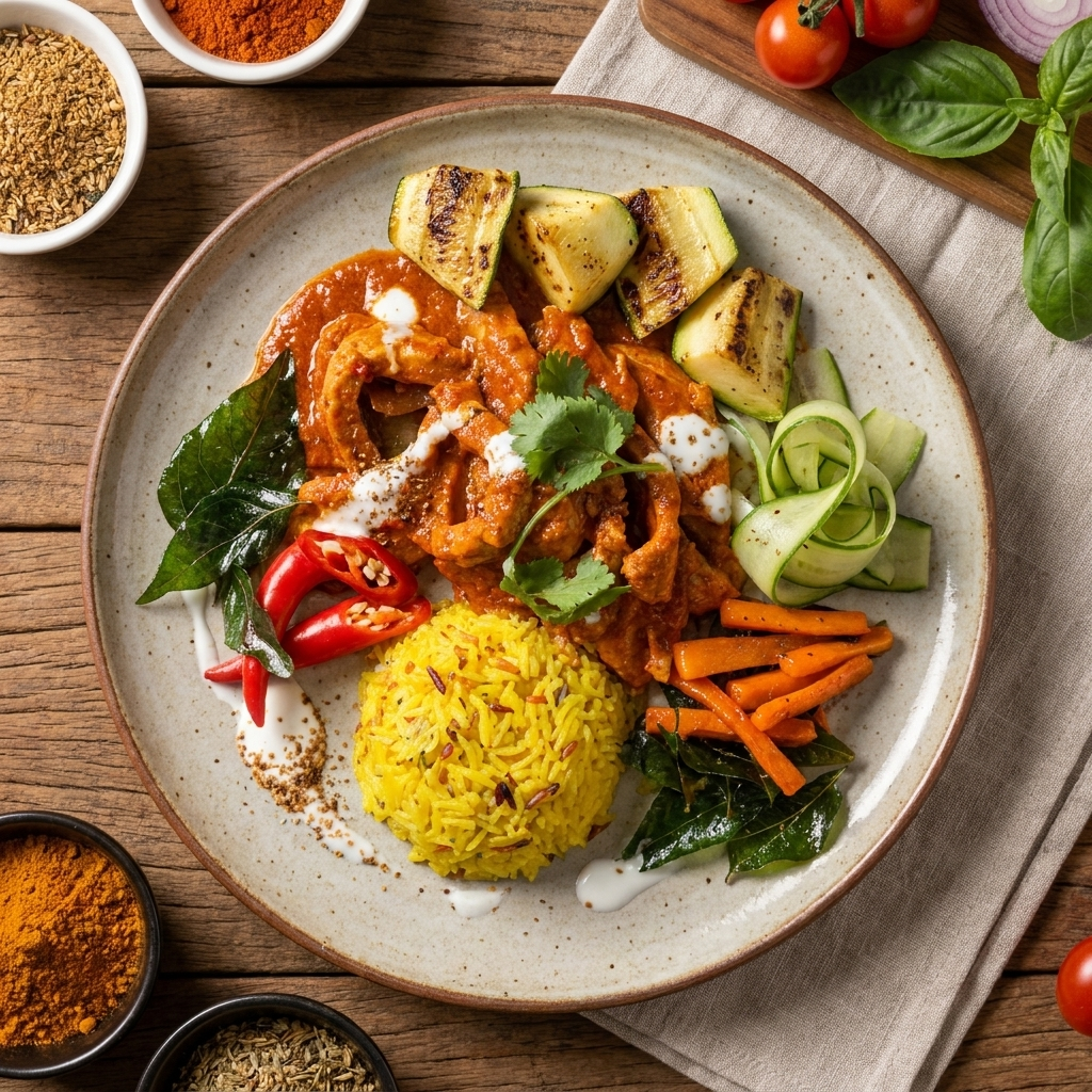 Signature Fittery low fat pork Rogan Josh curry with seasonal vegetables served with turmeric rice on a plate.