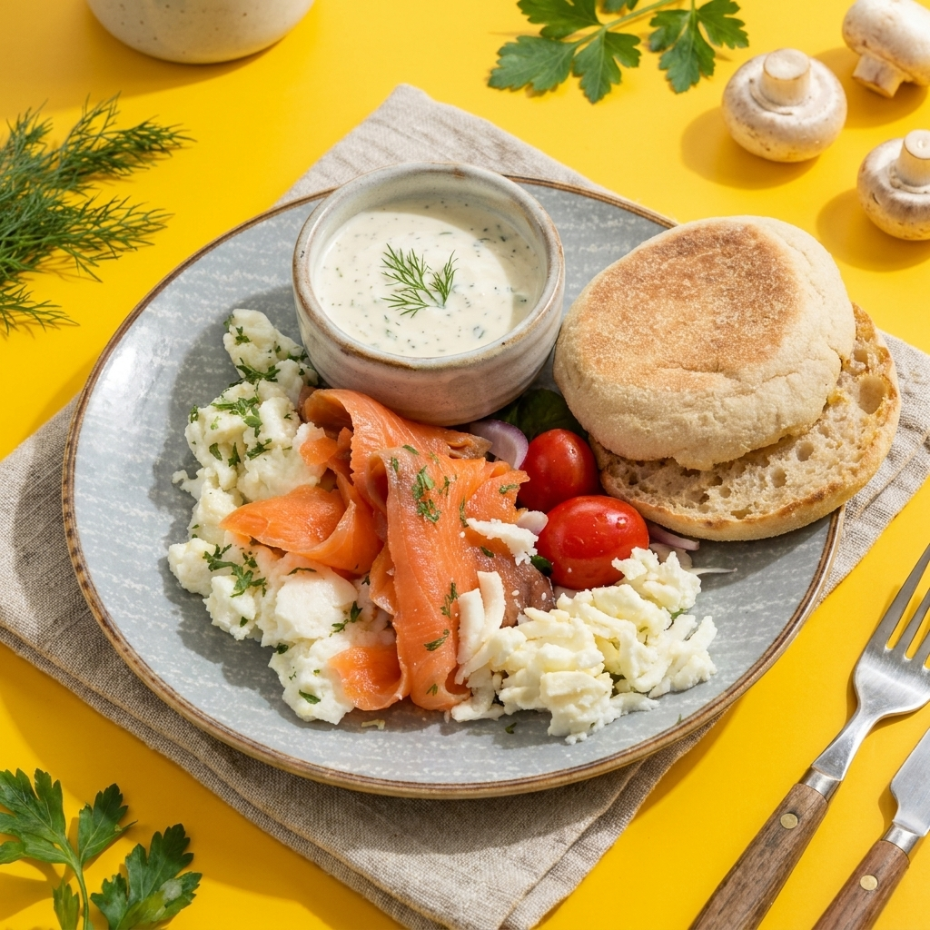 Fittery signature smoked salmon and egg white muffin served with a garden ranch salad on a plate