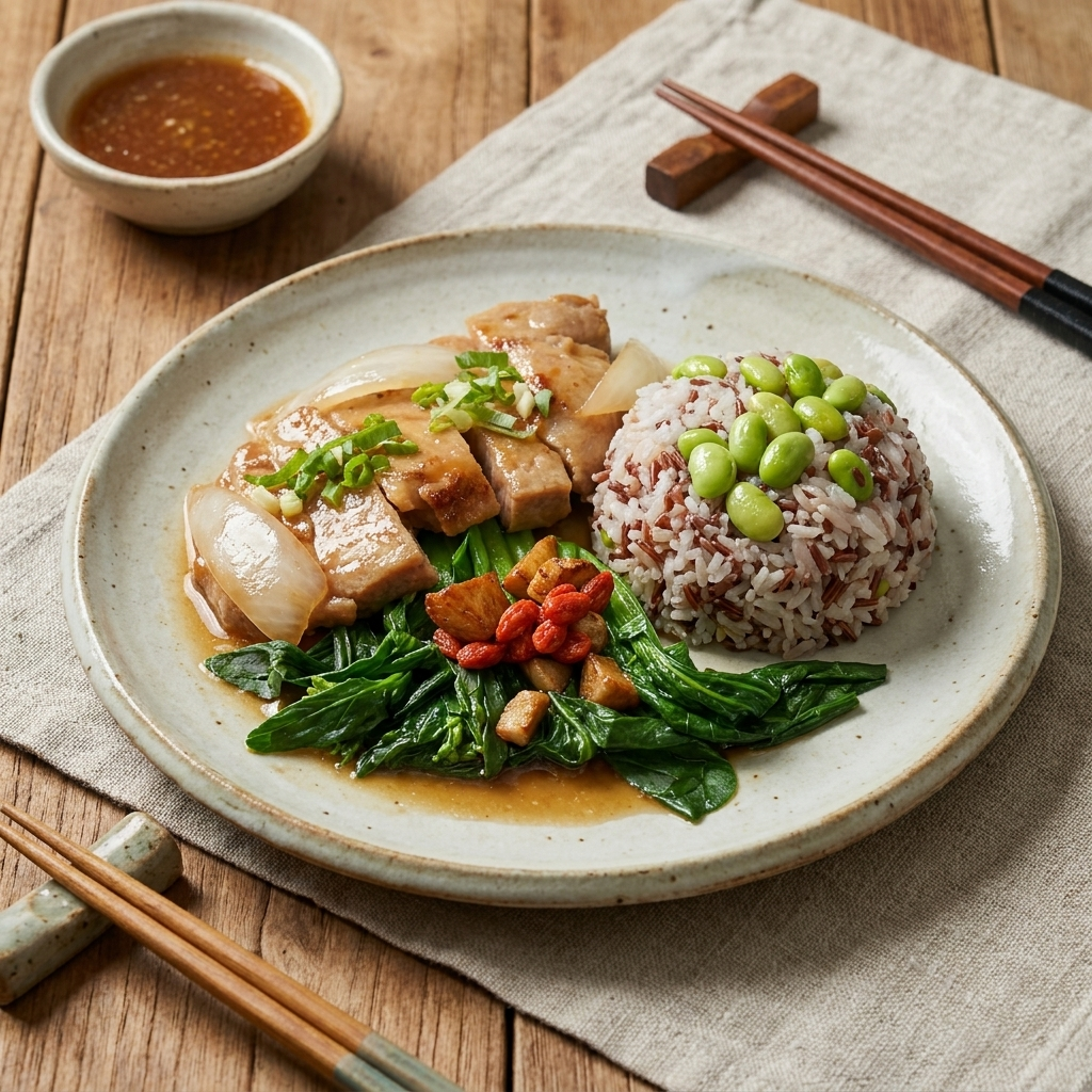 Fittery signature braised pork loin with onion, seasonal vegetables, and edamame mix grains on a plate.