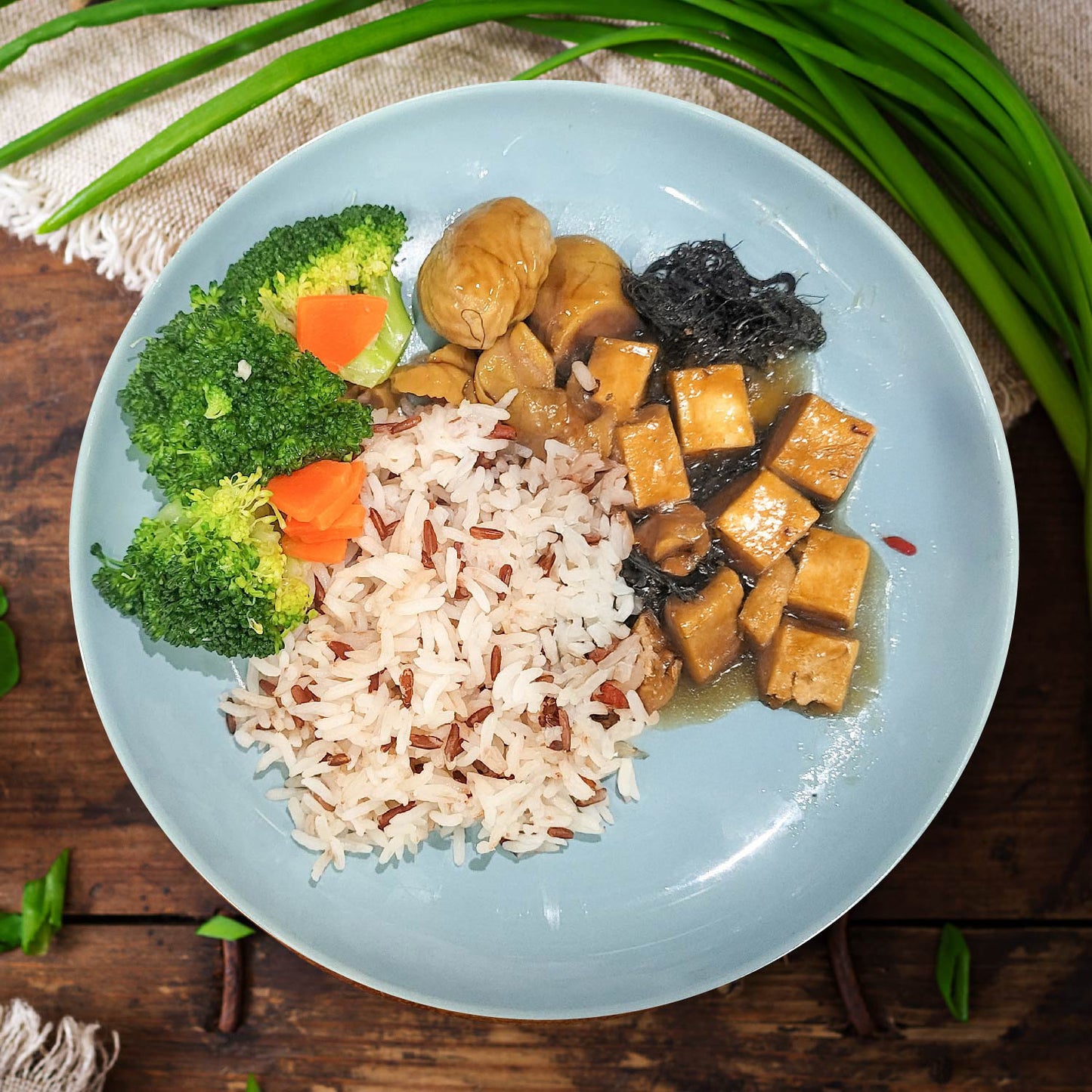 C. Braised Tofu W/ Chestnut And Fat Choy, Seasonal Vegetables And Jasmine Rice