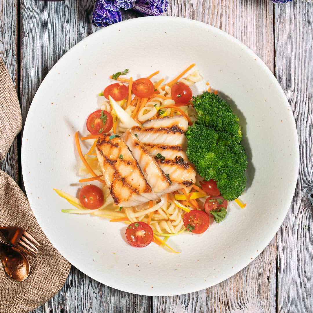 B. Cajun Grilled Fish Fillet W/ Steamed Greens, Low-Fat Fusilli Pasta Salad And Lemon Dill Sauce