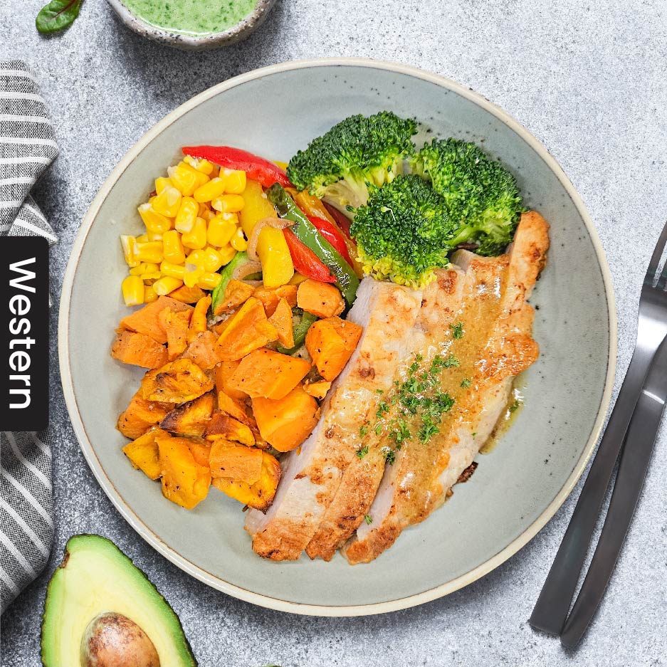 E3. Grilled Pork Loin w/ Sweet Potato & Honey Mustard Sauce (Tue)