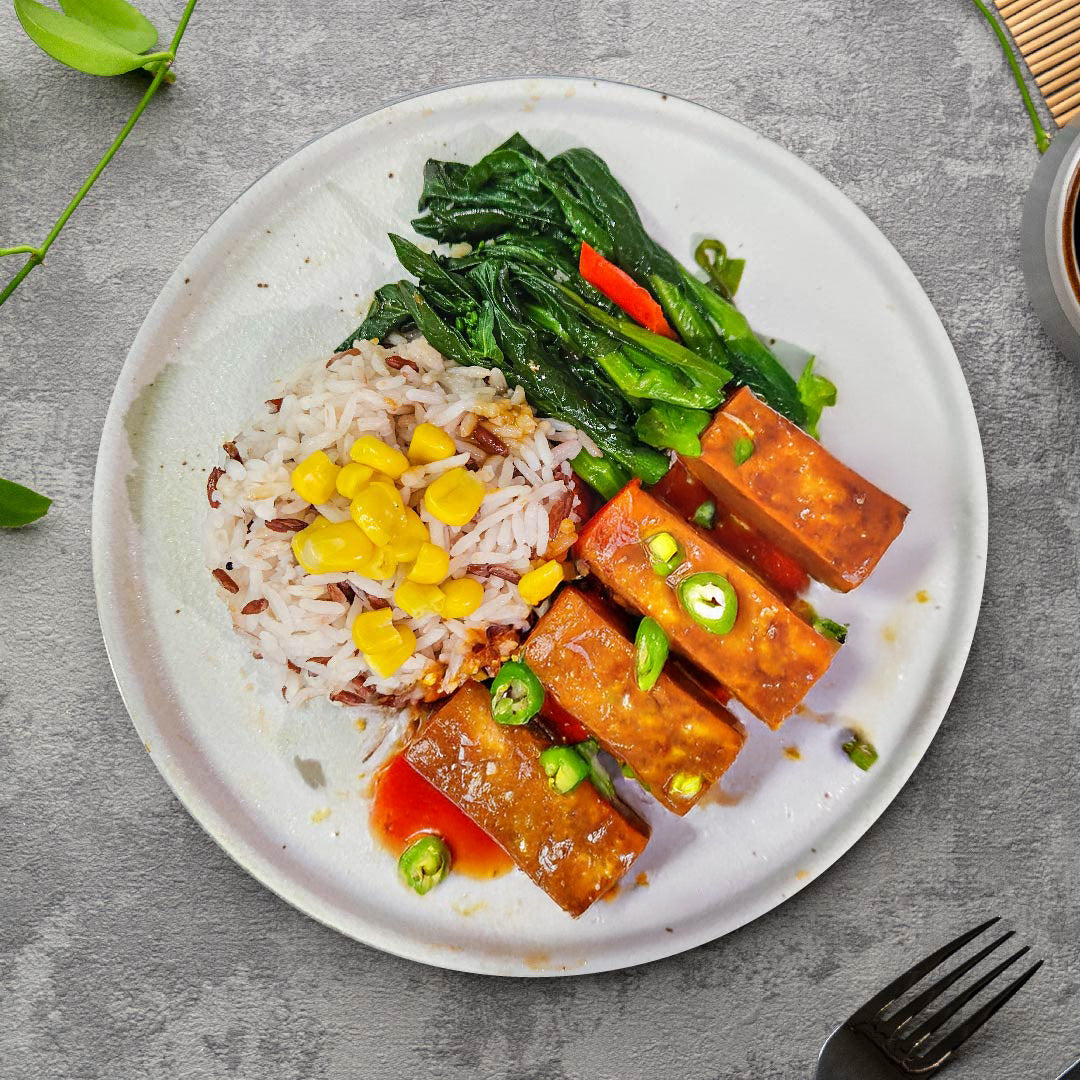 C. Ground Bean Sauce Marinated Beancurd W/ Seasonal Vegetables And Corn Mix Rice