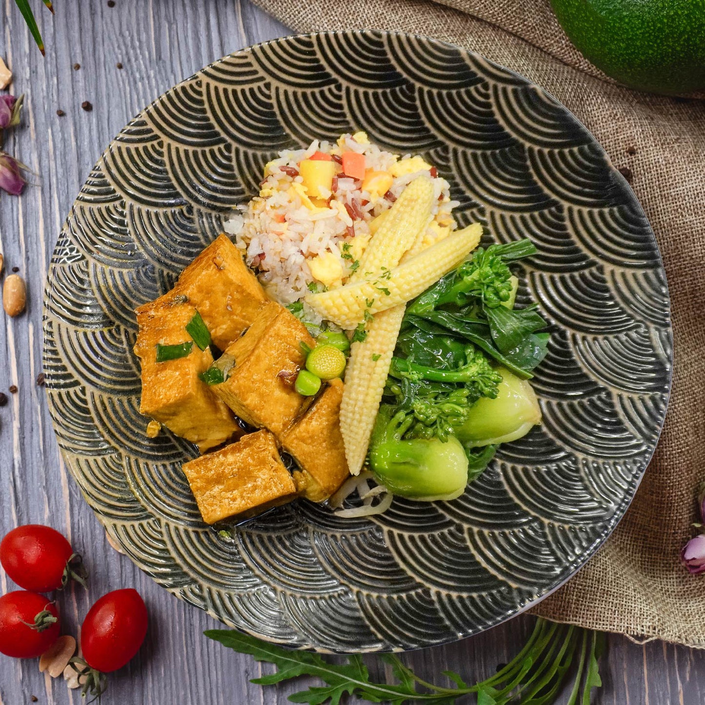 D. Indonesian Tofu w/ Chinese Greens, Pineapple Fried Rice And Peanut Sauce
