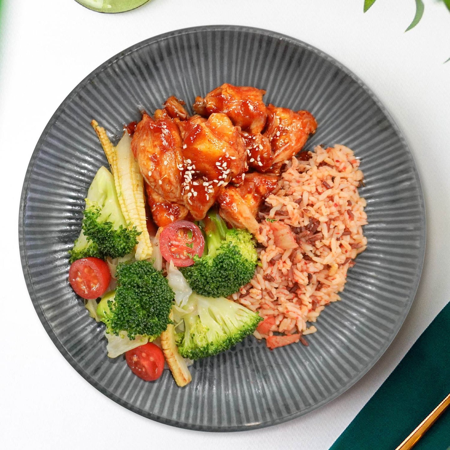 B. Korean Style Chicken W/ Seasonal Greens And Korean Rice