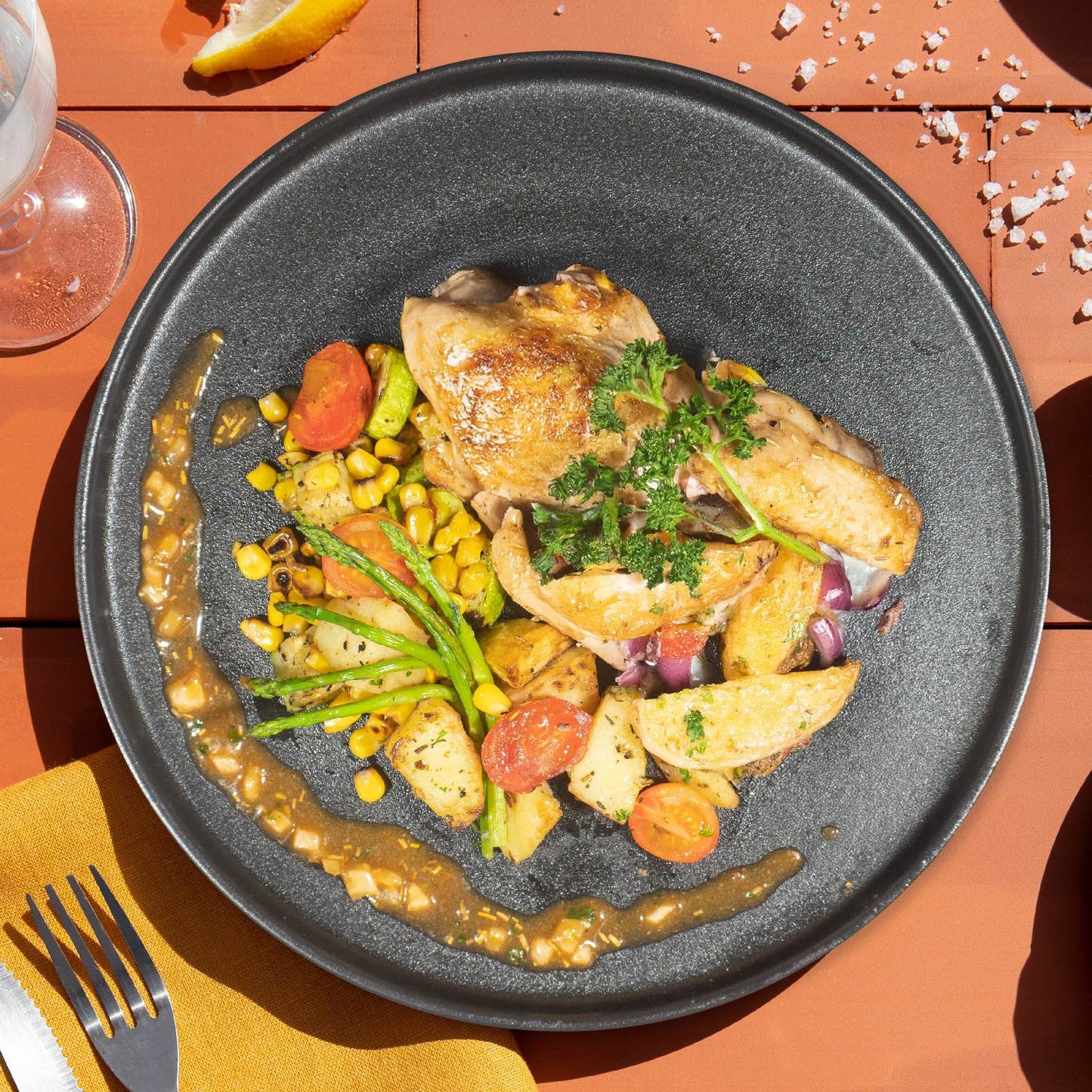 B. Macanese Style African Chicken W/ Seasonal Vegetables And Mix Herbs Baked Potato