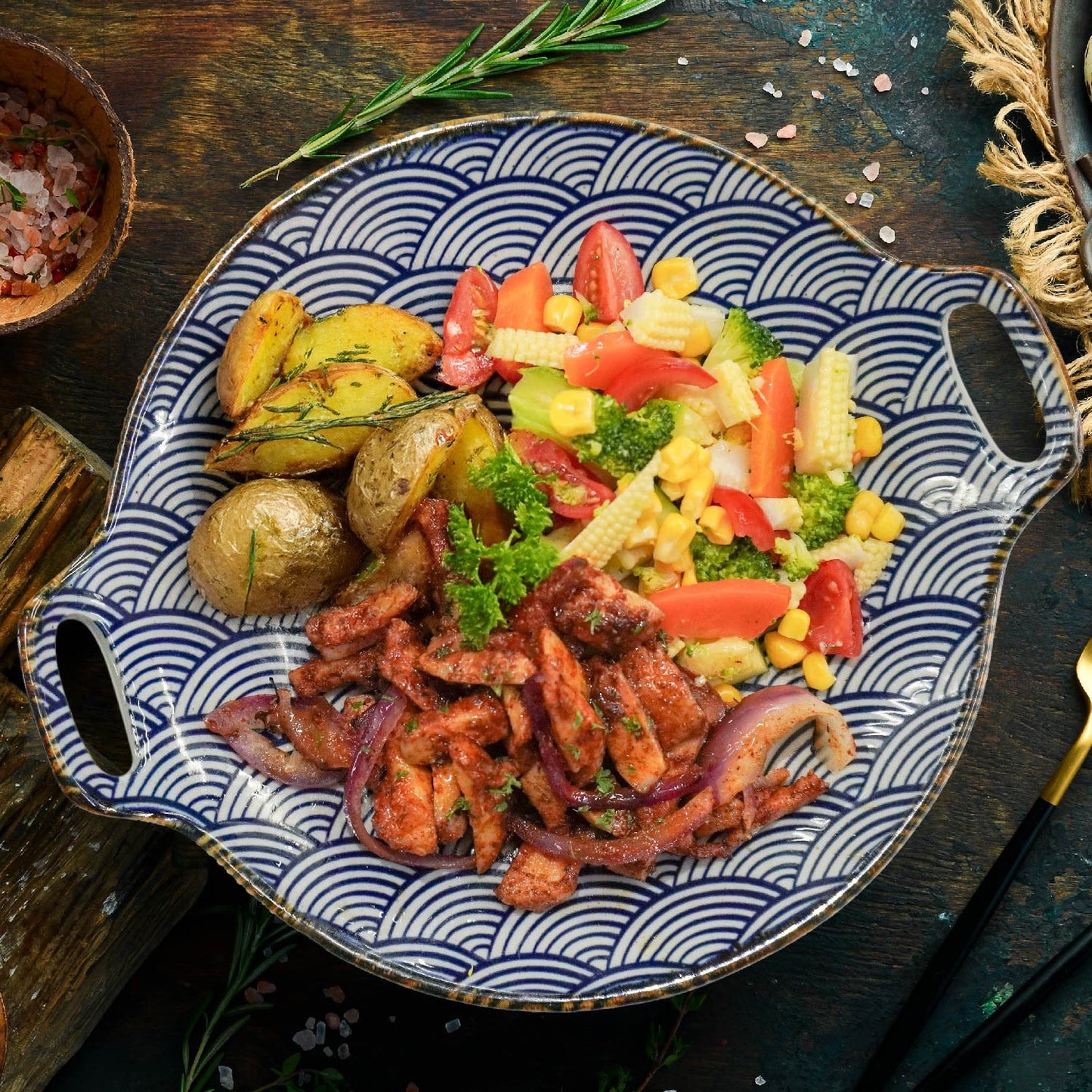 B. Mexican Chicken W/ Corn Salad, Tomato Salsa And herb Potatoes