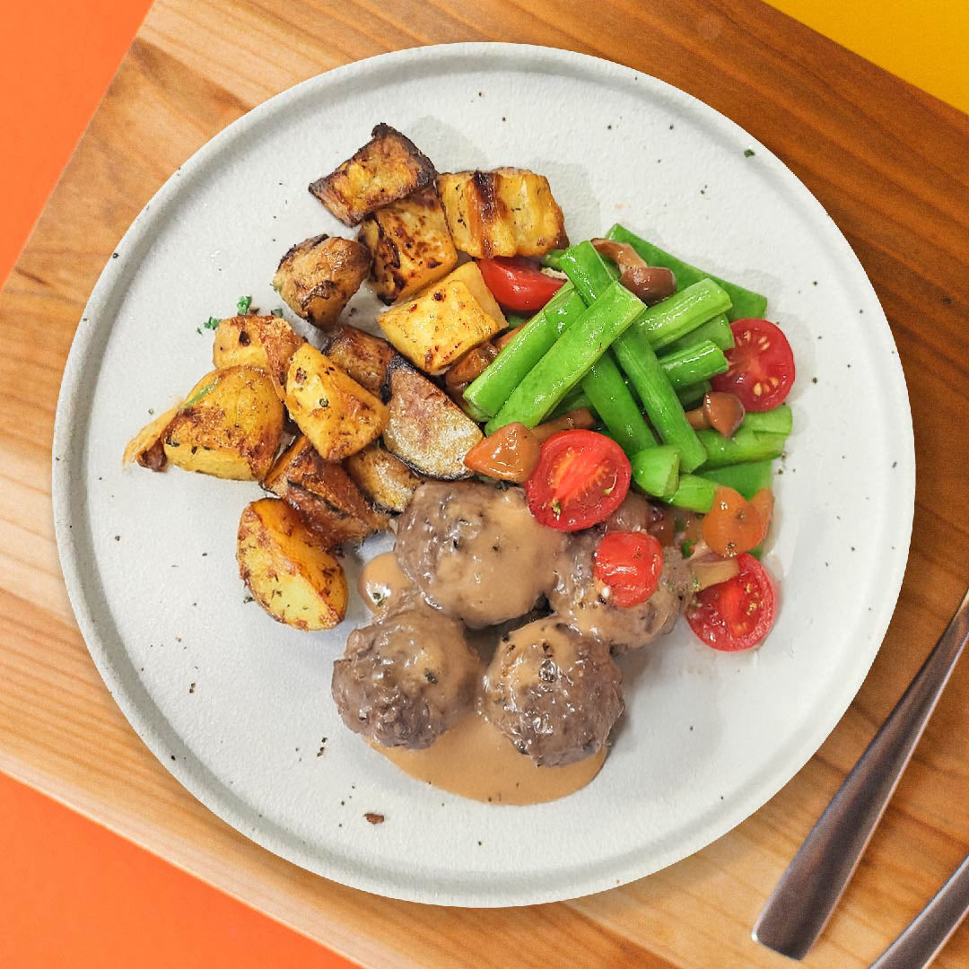 B. Oven Roasted Meatball W/ Truffle Sauce, Sautee Vegetables And Roast Potato Hash
