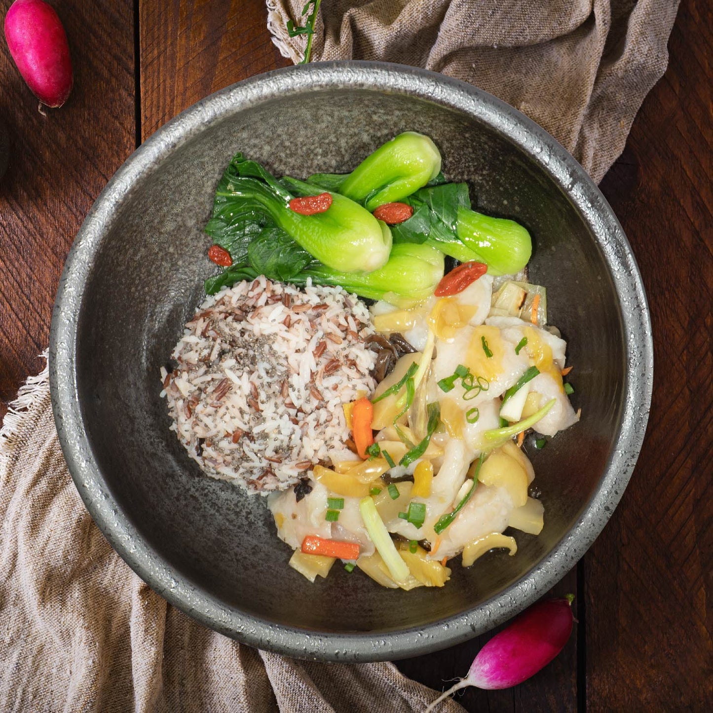 Stir Fry Fish Fillet with Sichuan Pickles, Sauteed Greens And Mixed Grain Rice
