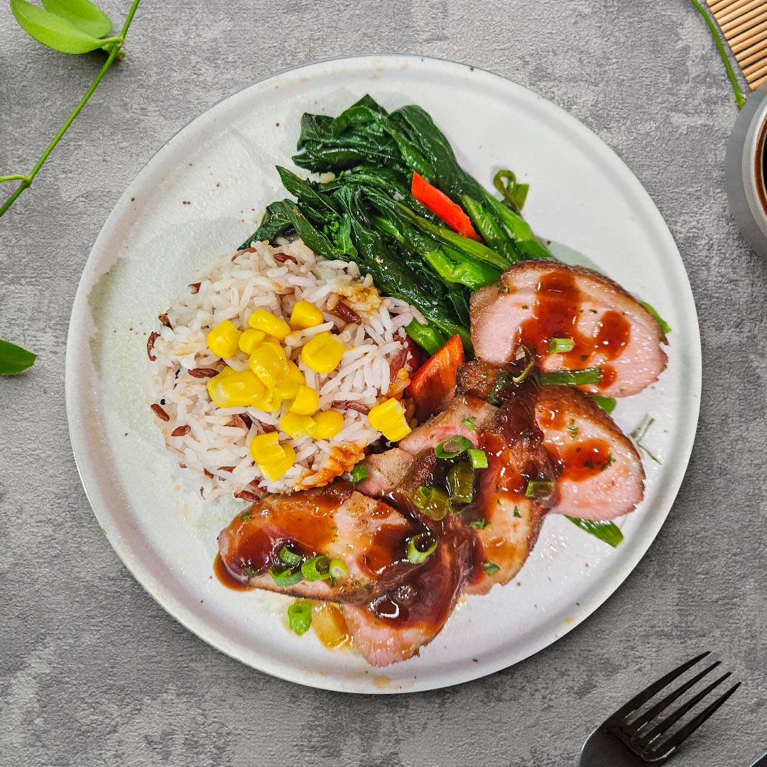 Ground Chilli Bean Sauce Marinated Duck Breast W/ Seasonal Vegetables And Corn Mix Grain Rice