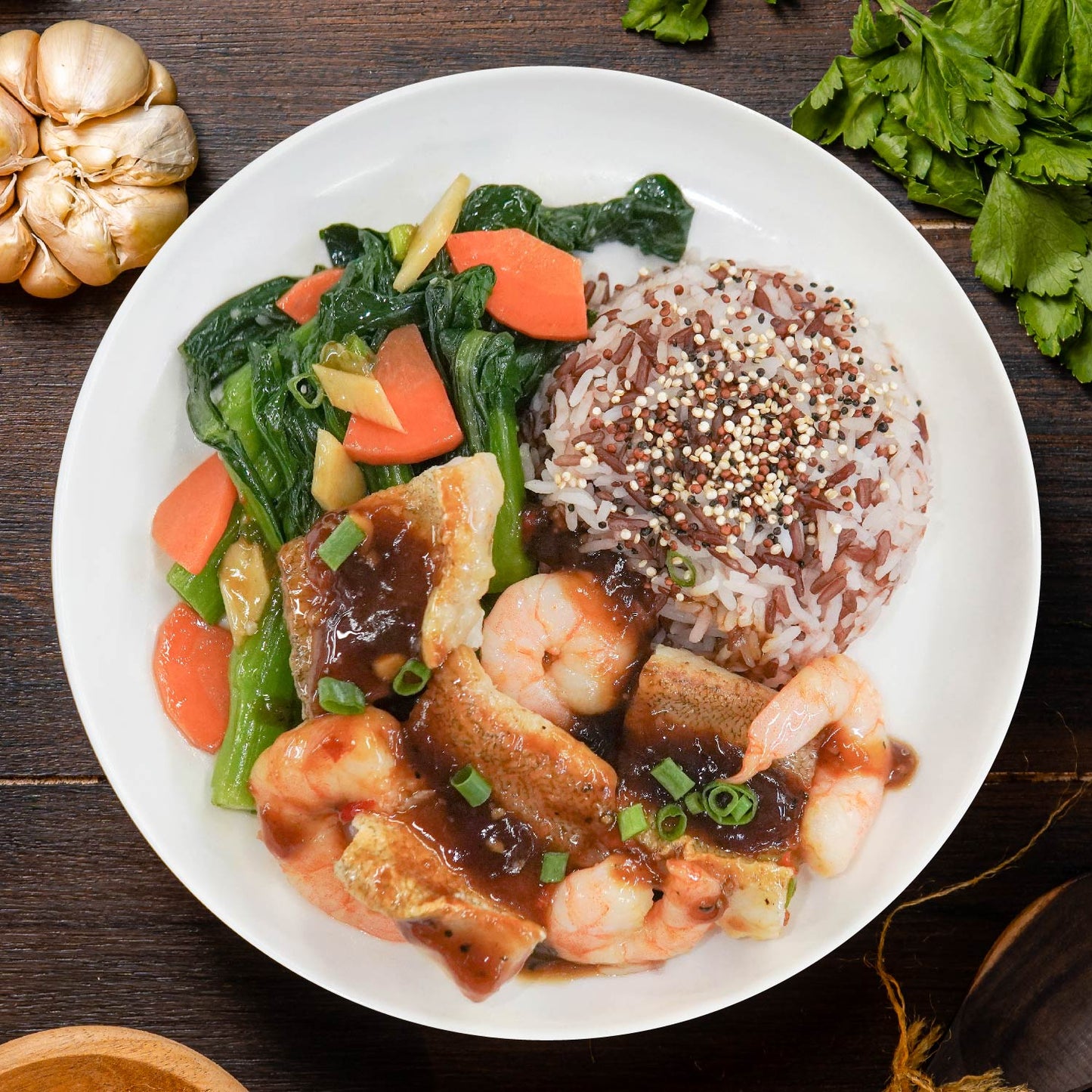 Black Garlic Fish Fillet W/ Prawns, Seasonal Greens And Chia Seed Rice