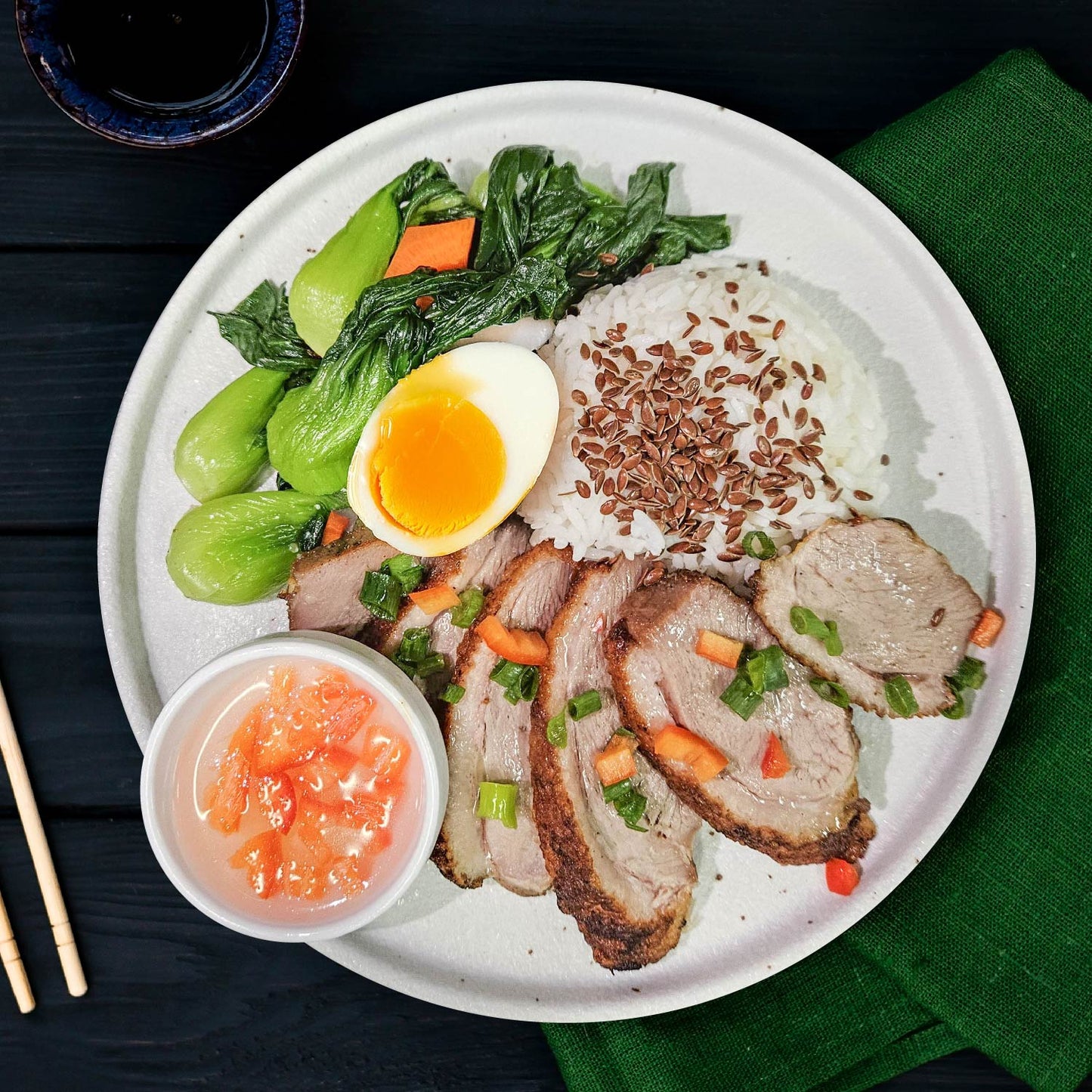 Chiuchow Style Grilled Duck Breast W/ Soy-Marinated Egg, Asian Greens And Flax Seeds Rice