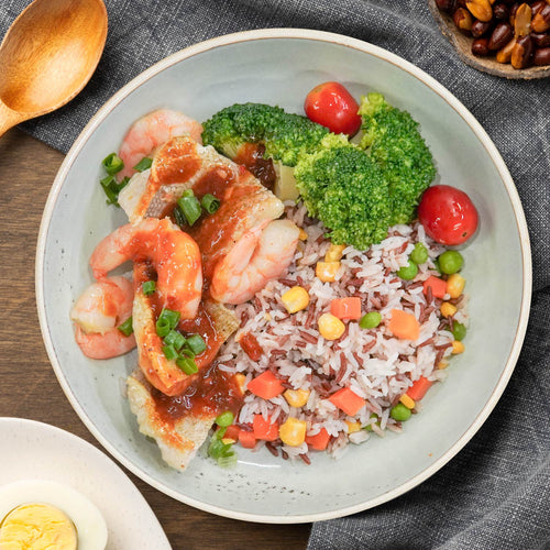 麻婆蝦魚片配雜菜及健康炒飯