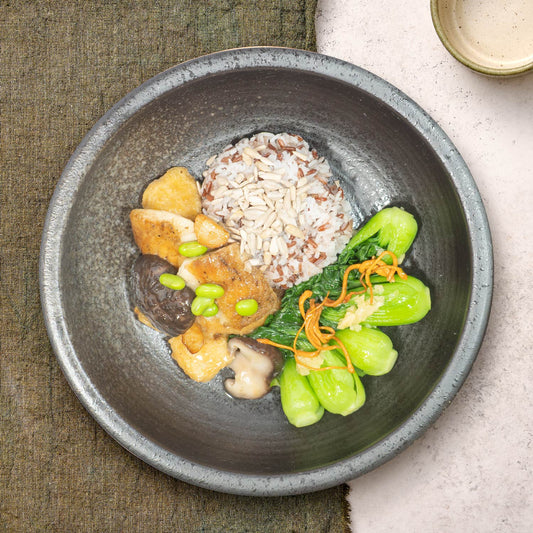 Claypot Style Fish Fillet w/ Tofu, Seasonal Vegetables And Flaxseed Mix Grains