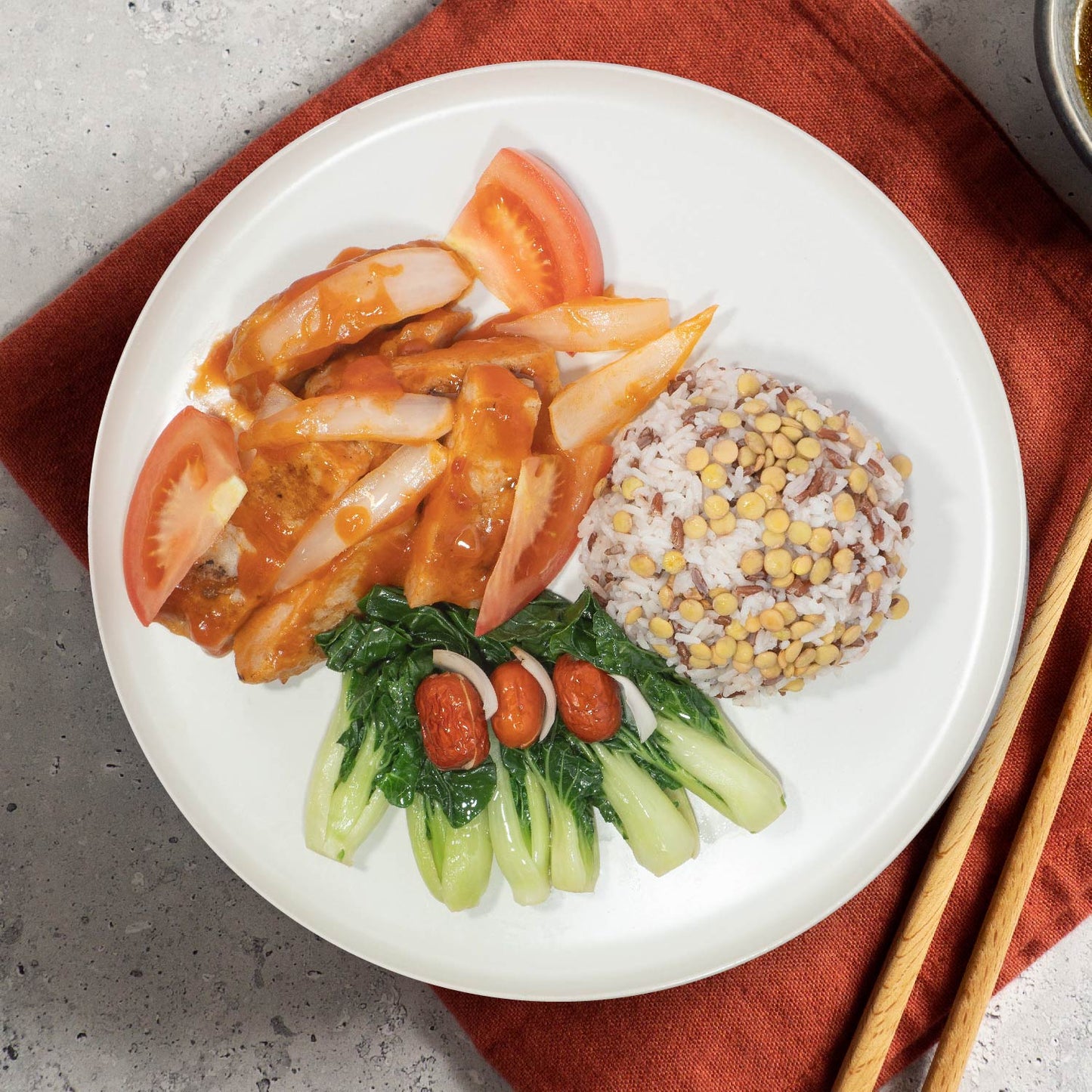 D. Low-Fat Tomato Baked Pork Chop W/ Seasonal Vegetables And Jasmine Rice