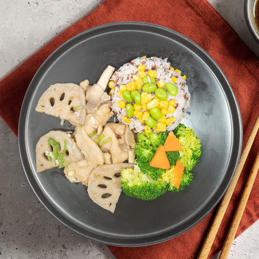Stirfried Lean Pork W/ Lotus Roots, Seasonal Vegetables And Healthy Fried Mix Grain