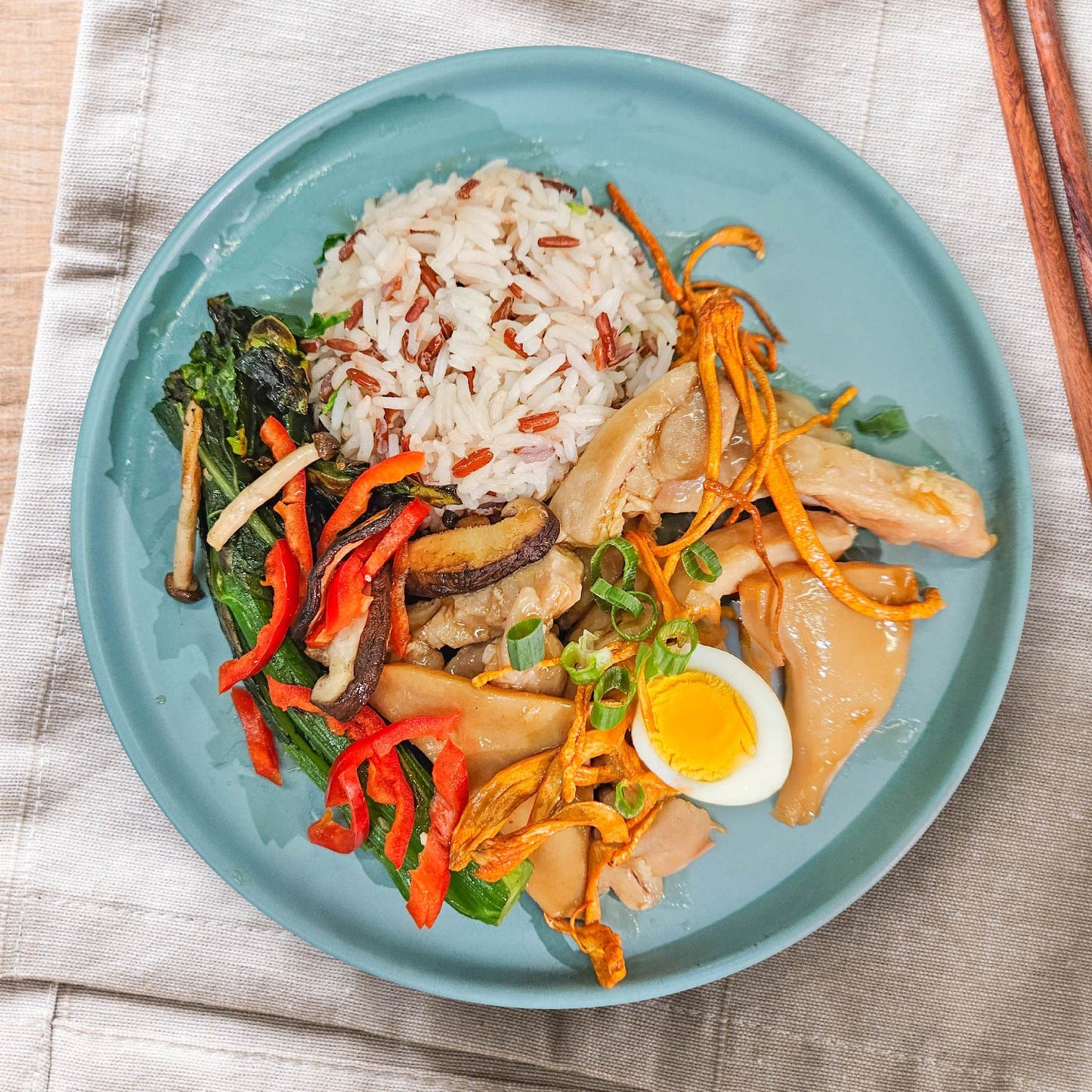 Shanghai Style Chicken W/ Cordyceps And Sea Whelk, Soy-Marinated Egg, Seasonal Vegetables And Mix Grain Rice