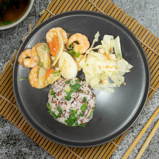 Taiwanese Style Braised Mix Seafood W/ Seasonal Vegetable And Vegetable Mix Grain Rice