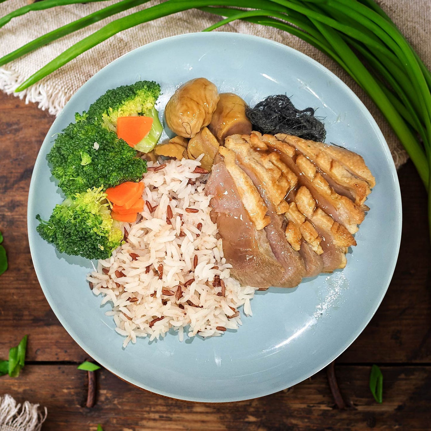 Braised Duck Breast W/ Chestnut And Fat Choy, Seasonal Vegetables And Mix Grain Rice