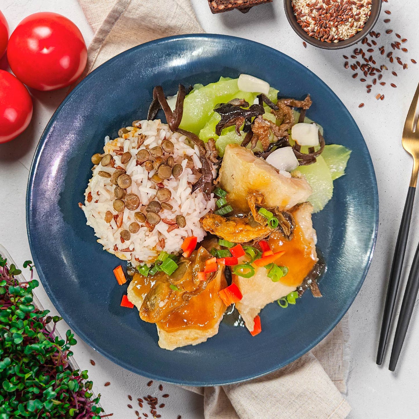 Braised Fish W/ Mushroom, Seasonal Vegetable And Lentil Rice