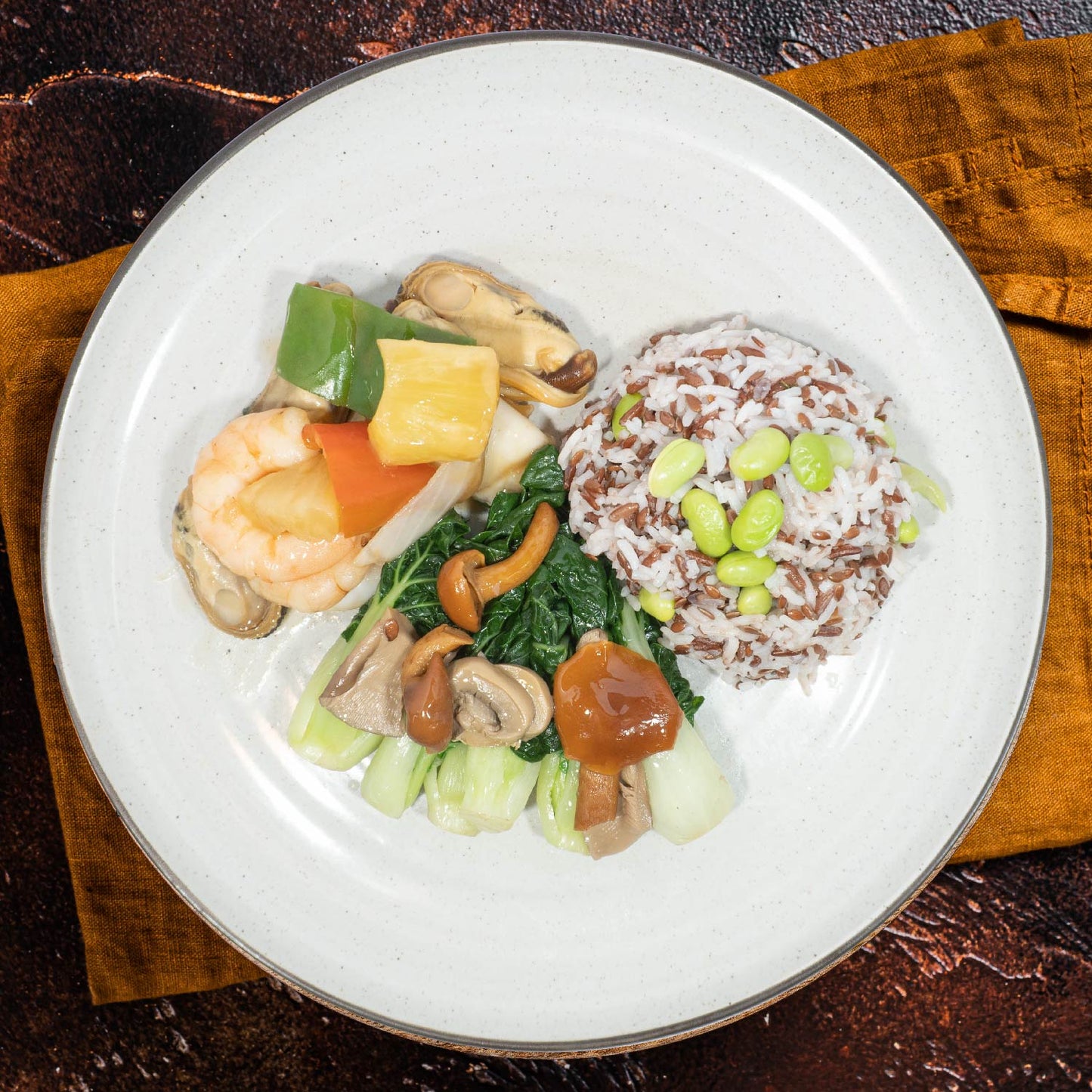 Healthy Satay Seafood w/ Seasonal Vegetables And Edamame Mixed Grains Rice