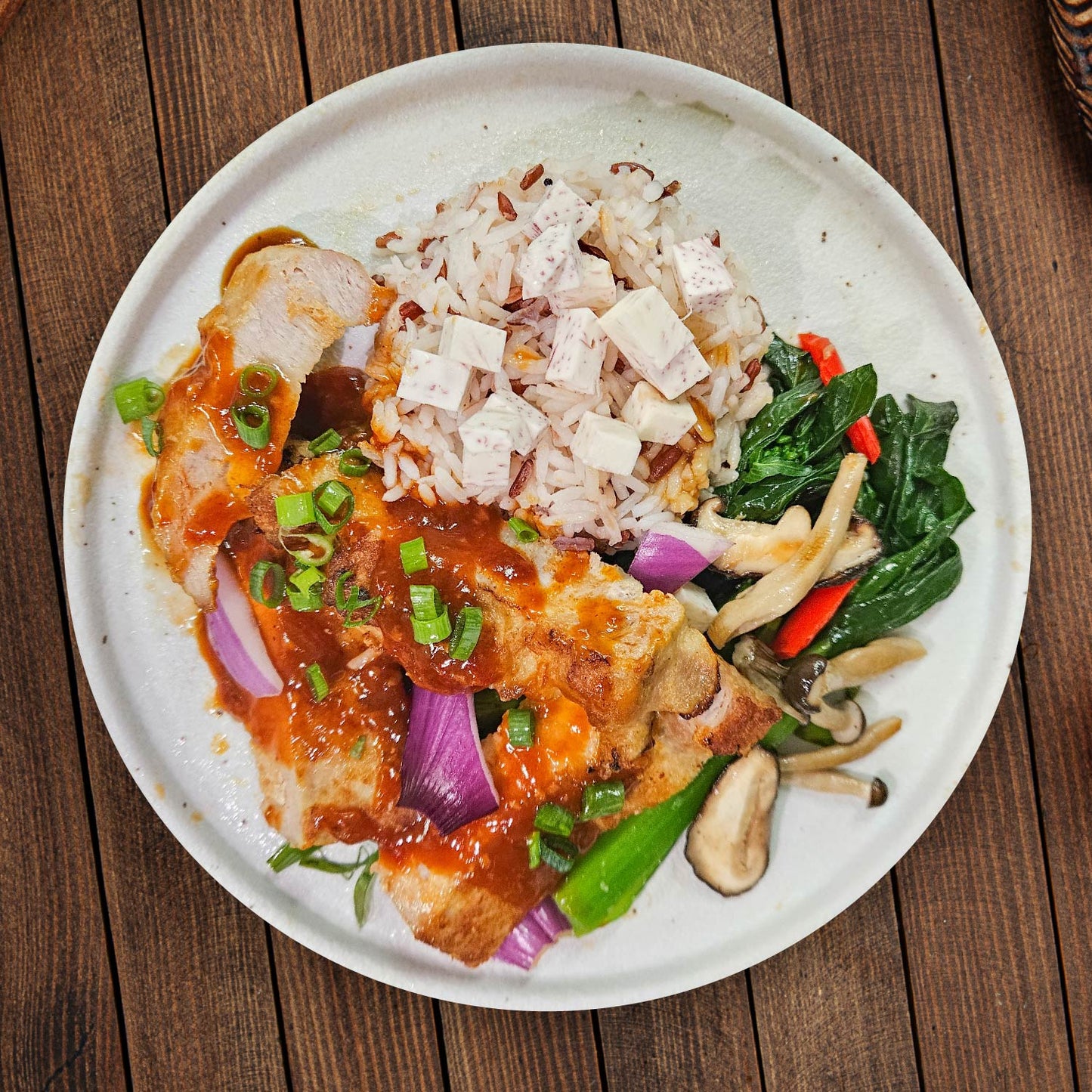 B. Shanghai Style Pork Loin W/ Seasonal Vegetable And Taro Mix Rice