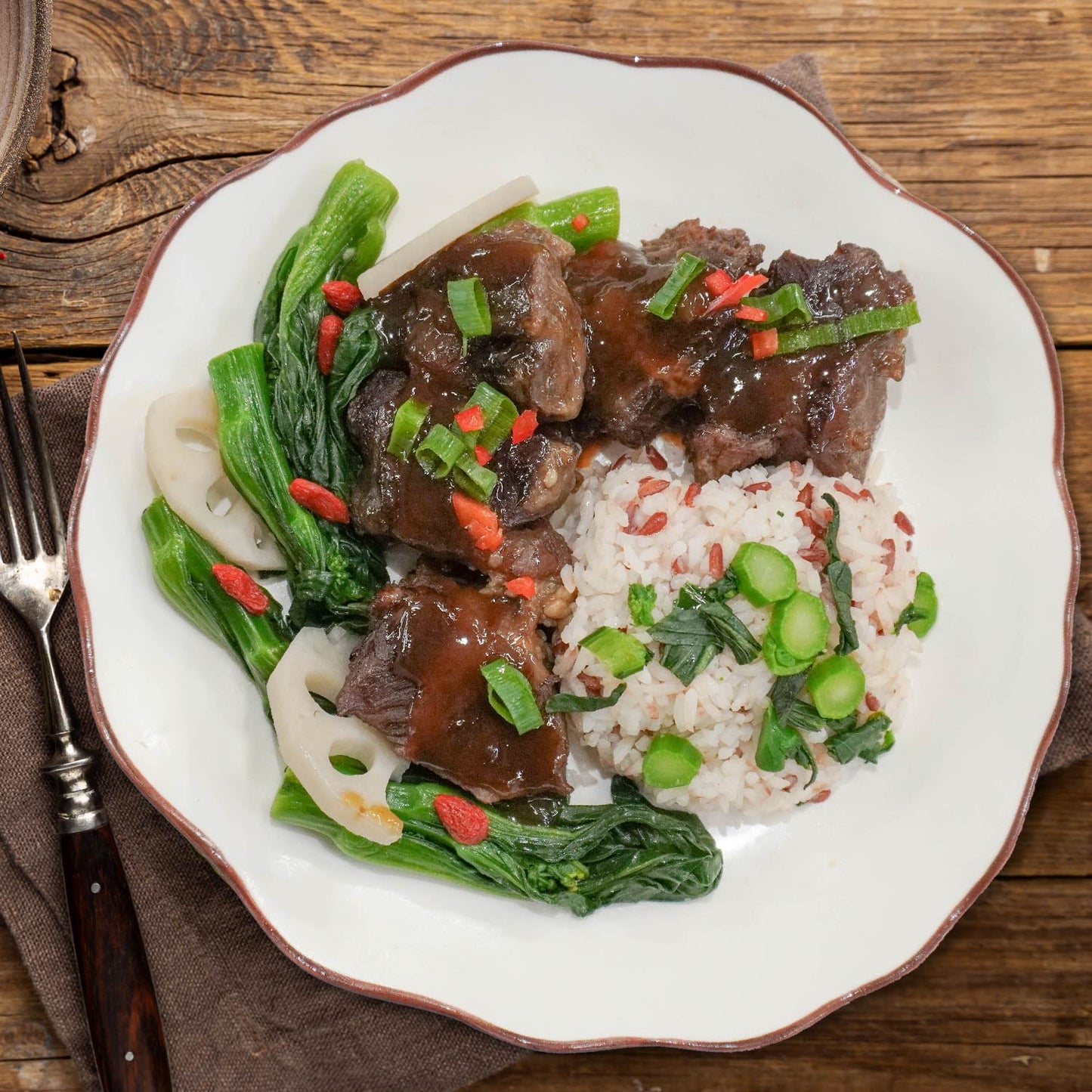 Chu Hou Braised Beef Cheek W/ Seasonal Greens And Vegetable Rice