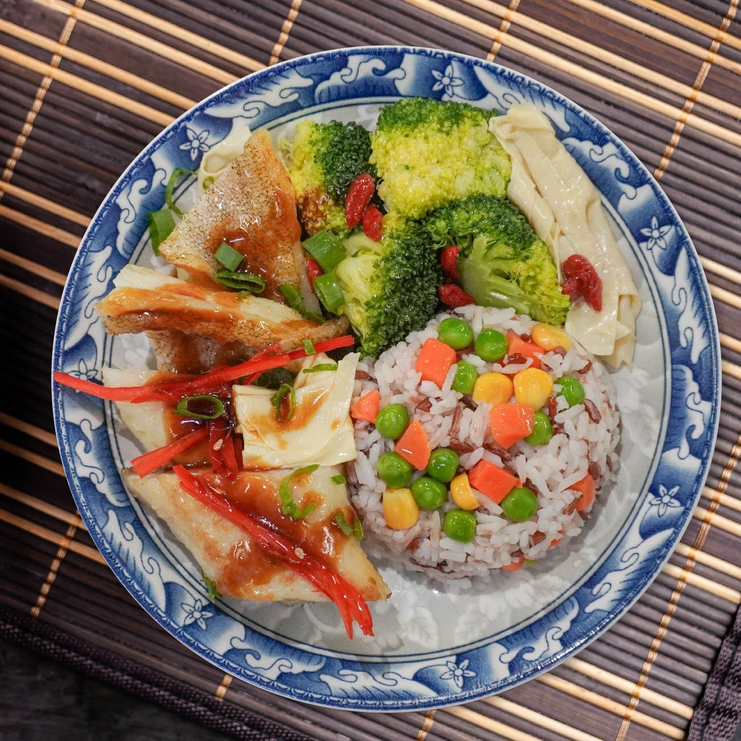 Braised Fish Fillet W/ Stir Fried Vegetables, Healthy Fried Rice and Tangerine Peel and Oyster Sauce
