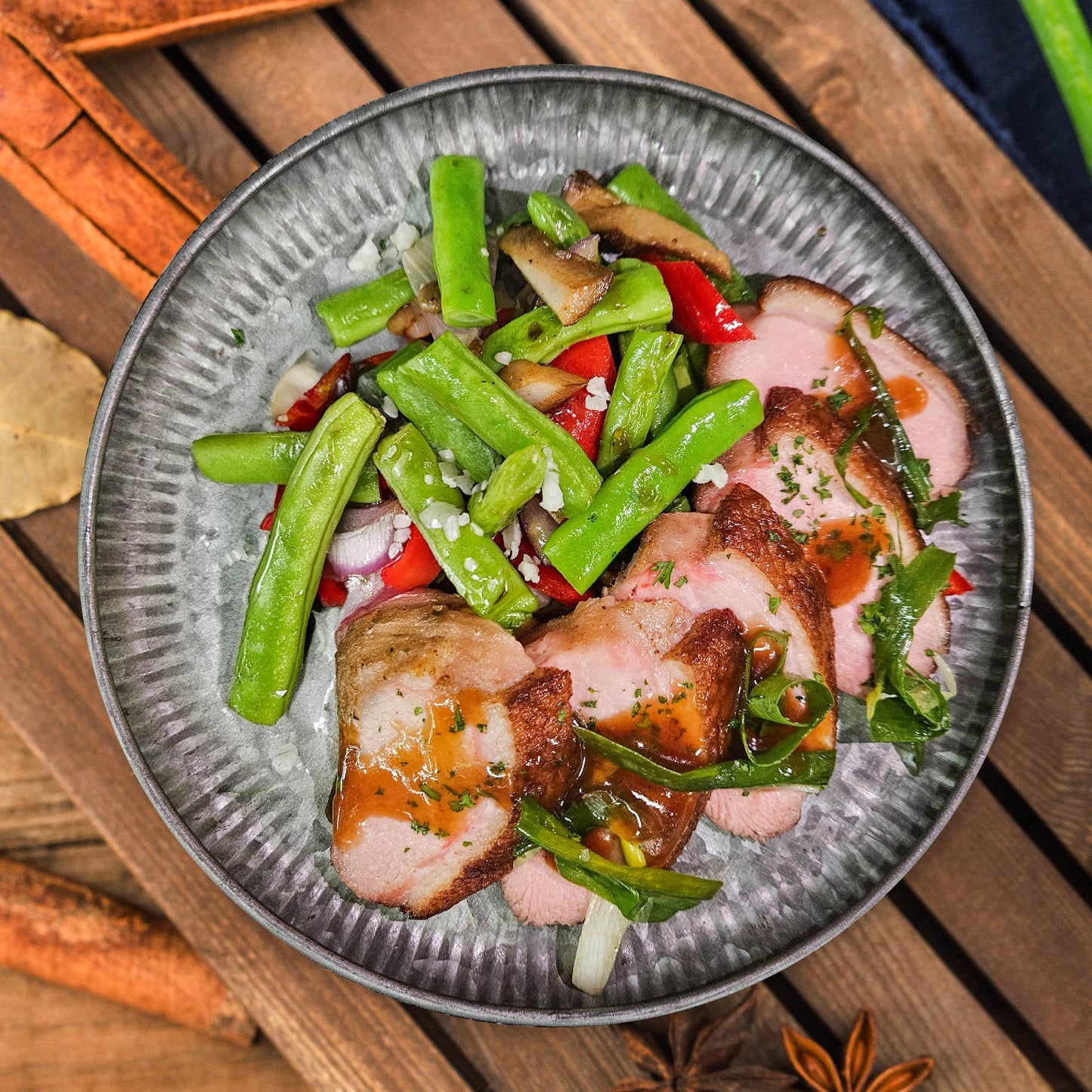 Ground Chilli Bean Sauce Marinated Duck Breast W/ Seasonal Vegetables