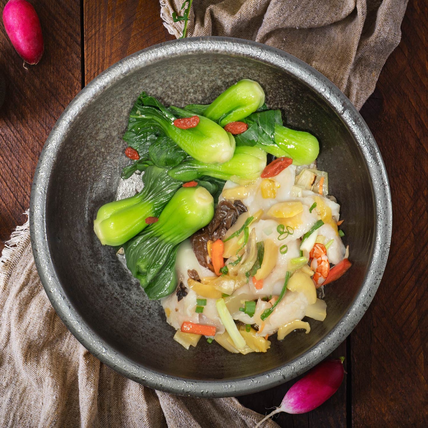 Stir Fry Fish Fillet In Sichuan Chillies And Pickles, Sauteed Greens