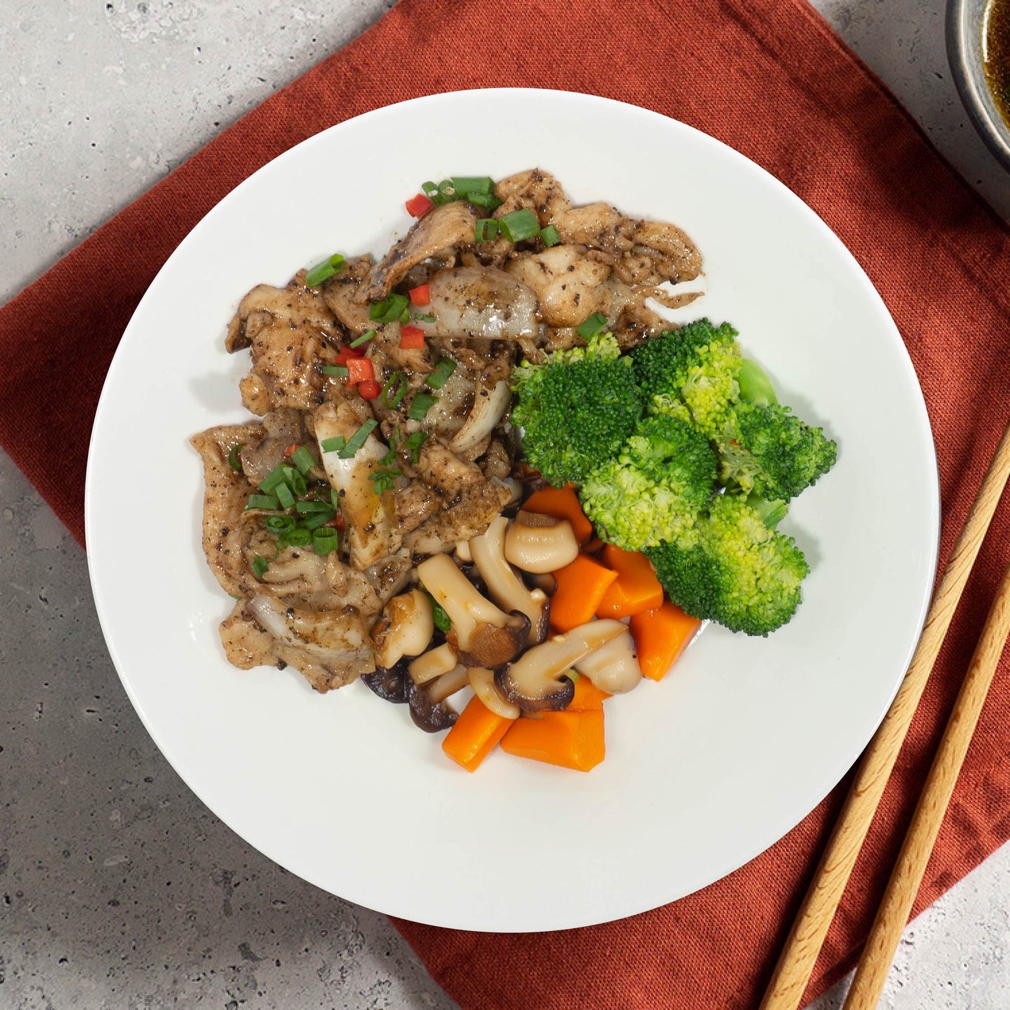 Black Pepper Chicken W/ Mix Onions And Seasonal Greens