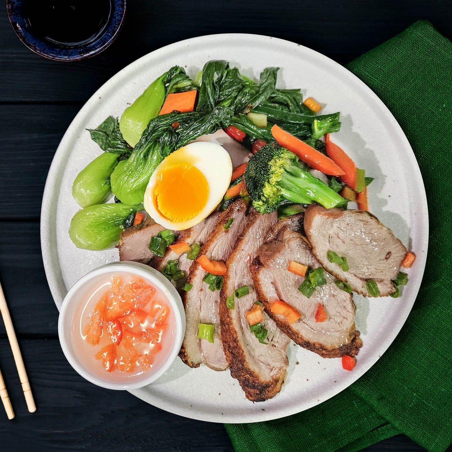 Chiuchow Style Grilled Duck Breast W/ Soy-Marinated Egg, Asian Greens