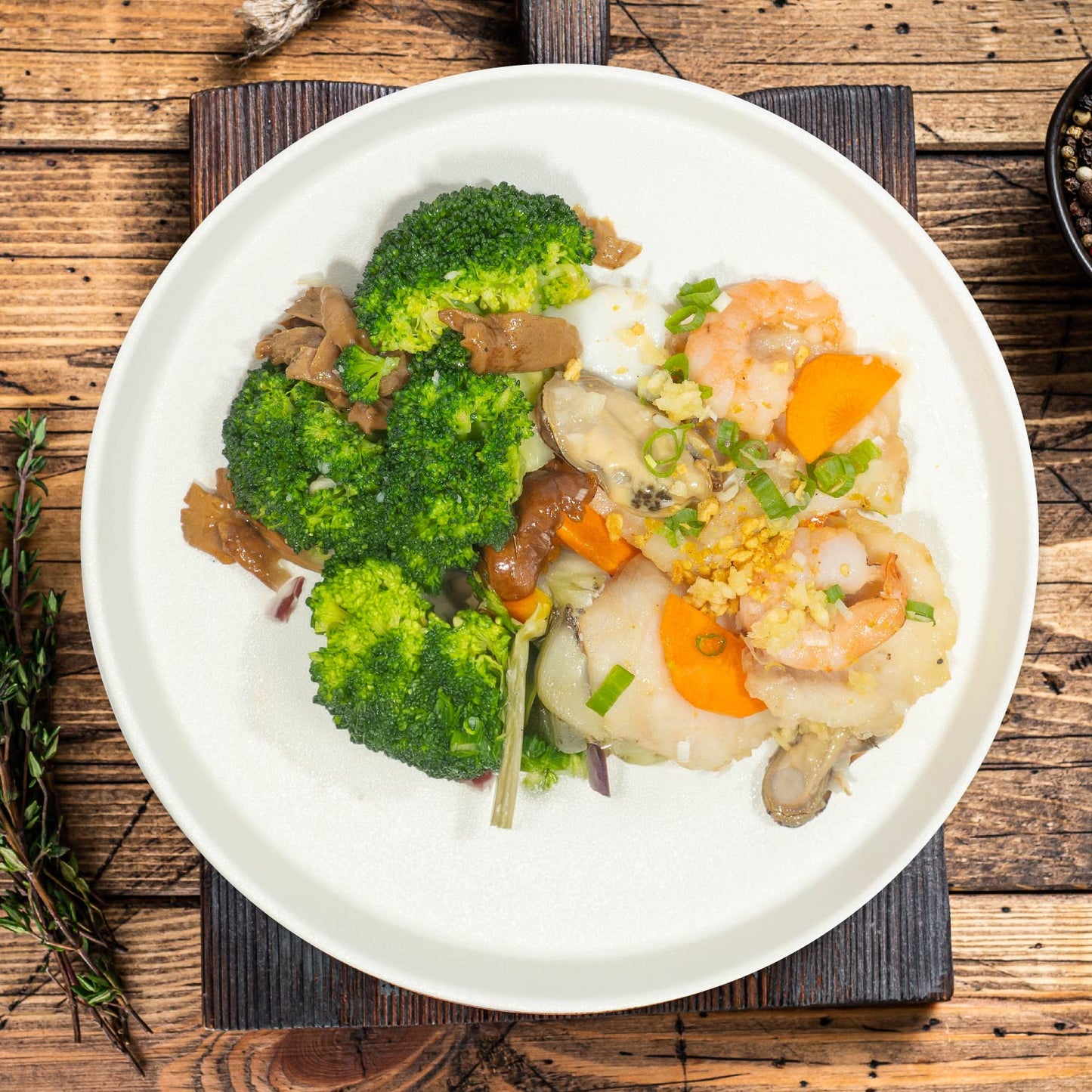 Sautee Ginger And Scallion Seafood W/ Asian Greens