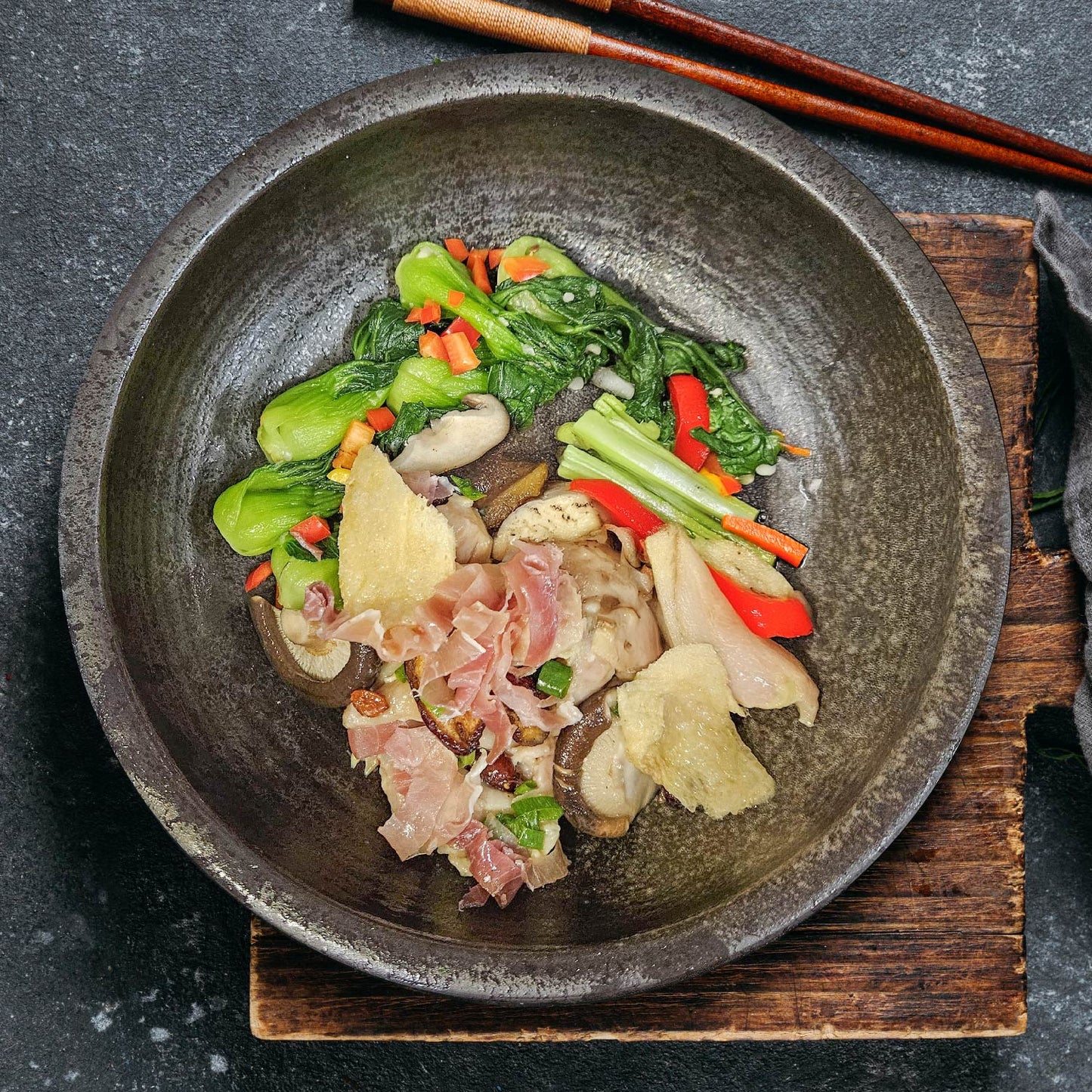 Braised Chicken W/ Mushroom, Bamboo Pith, Parma Ham And Seasonal Vegetables