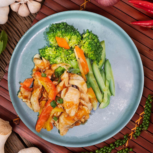 Braised Chicken w/ Sea Whelk in Abalone Sauce, Seasonal Vegetables