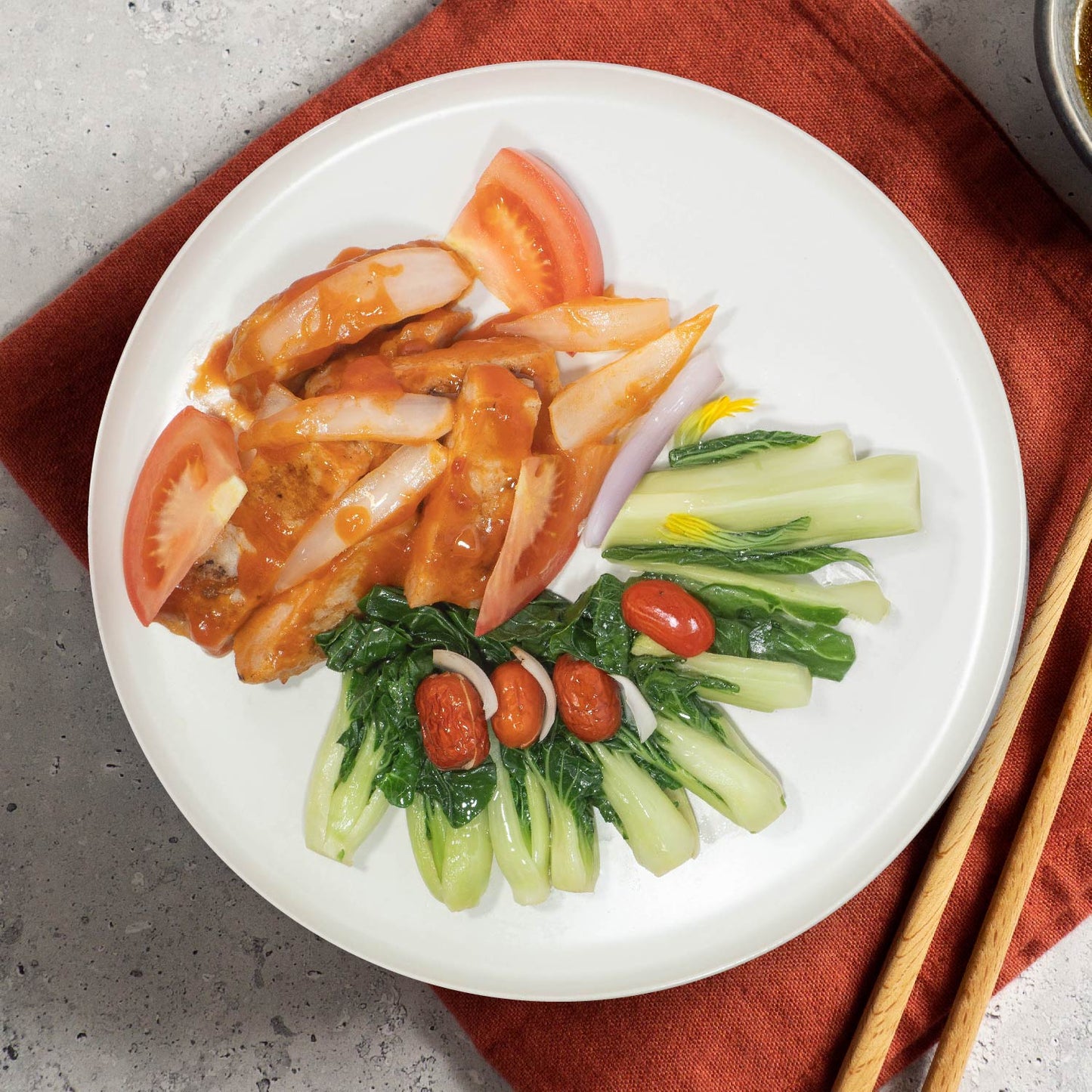 Low-Fat Tomato Baked Pork Chop W/ Seasonal Vegetables