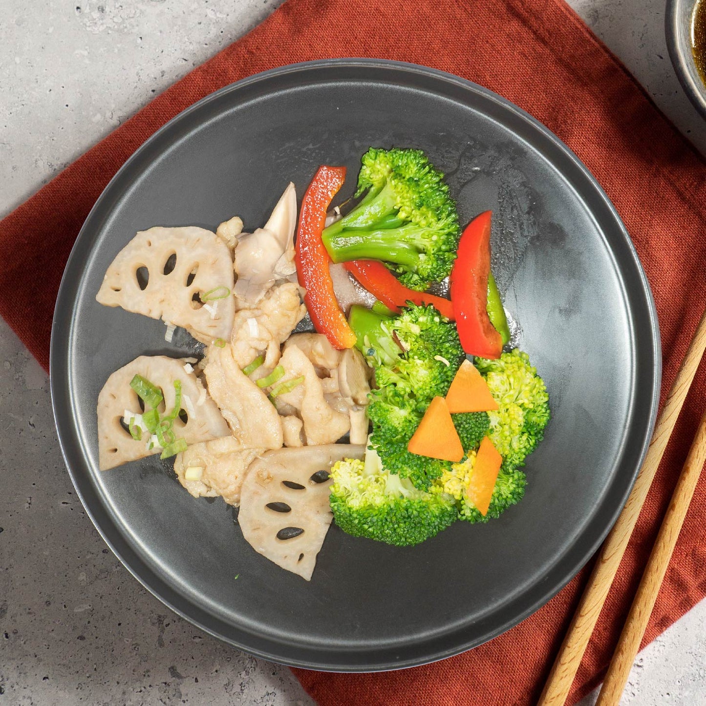 Stirfried Lean Pork W/ Lotus Roots, Seasonal Vegetables
