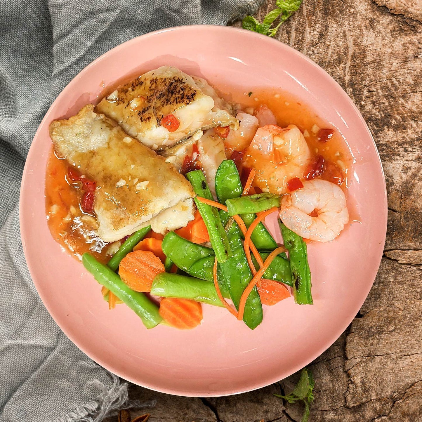 Dried Shallots Stir-Fried Shrimp w/ Fish Fillet, Asian Vegetables