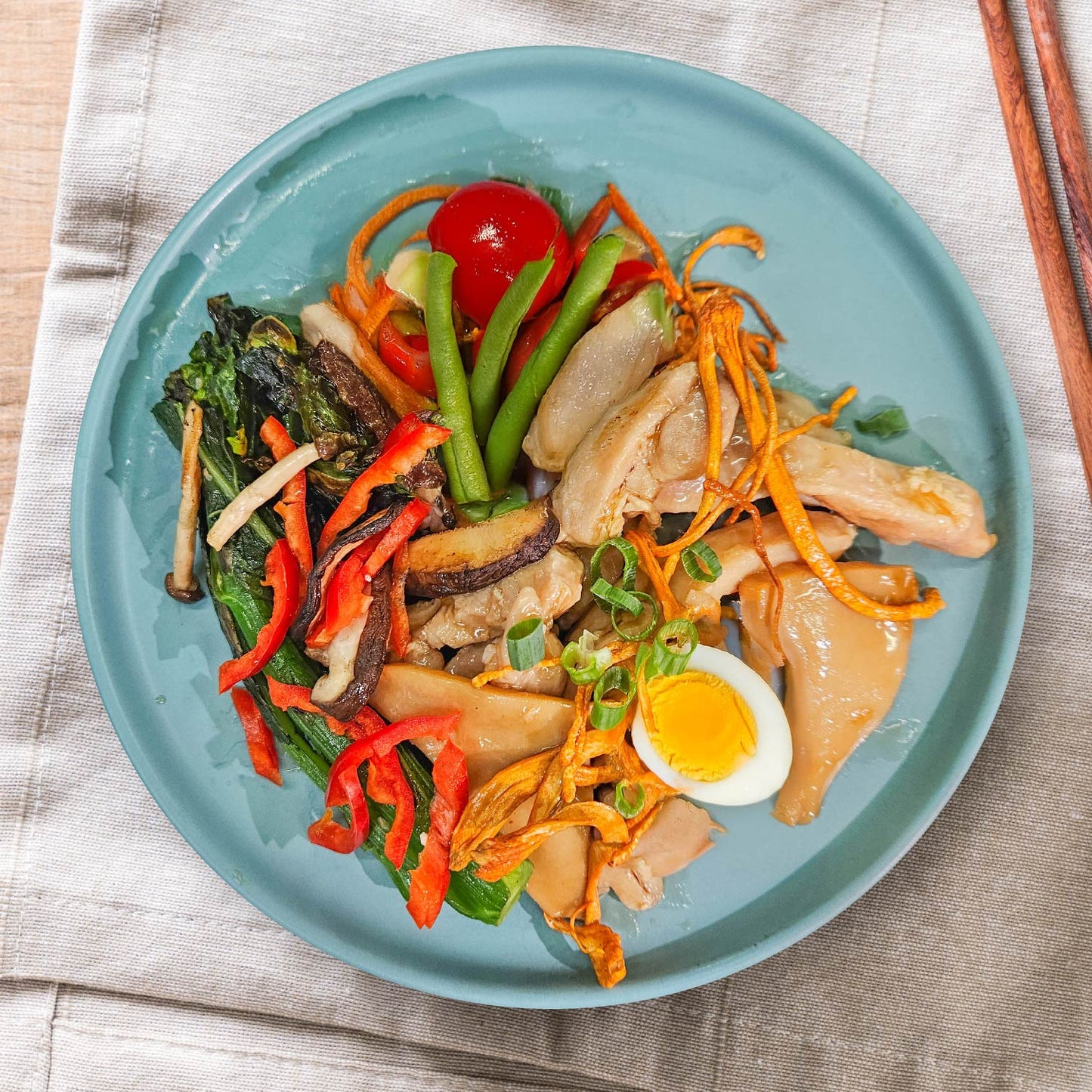 Shanghai Style Chicken W/ Cordyceps And Sea Whelk, Soy-Marinated Egg, Seasonal Vegetables