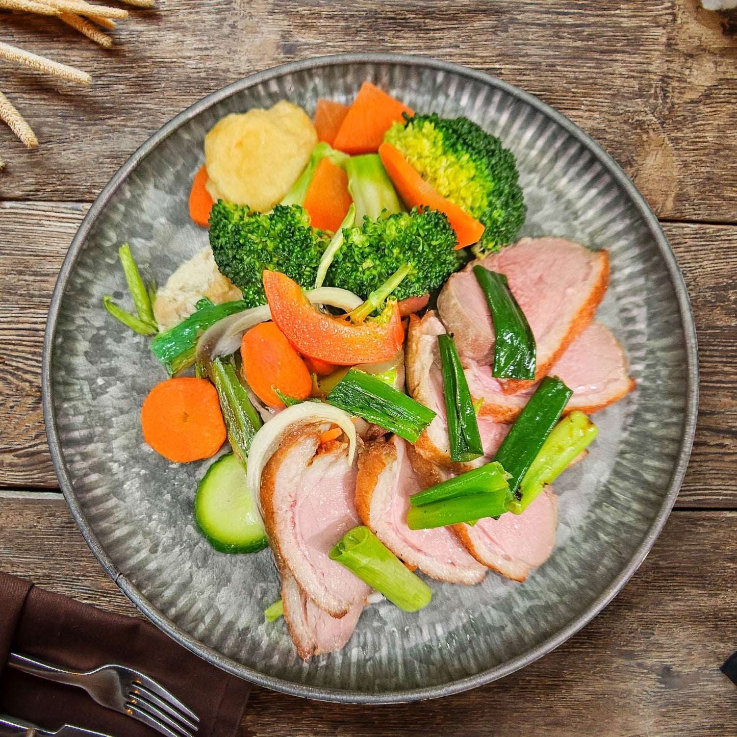 Braised Duck Breast W/ Plum Sauce, Seasonal Greens