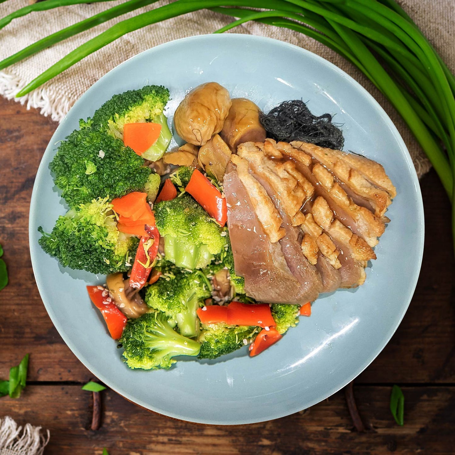 Braised Duck Breast W/ Chestnut And Fat Choy, Seasonal Vegetables