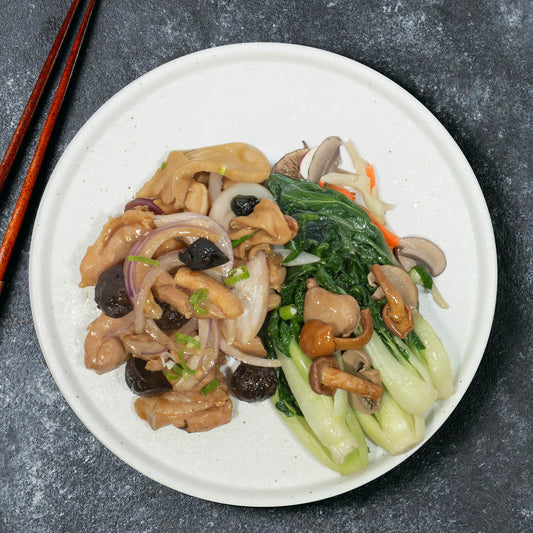 Black Garlic Chicken And Sea Whelk W/ Seasonal Vegetables