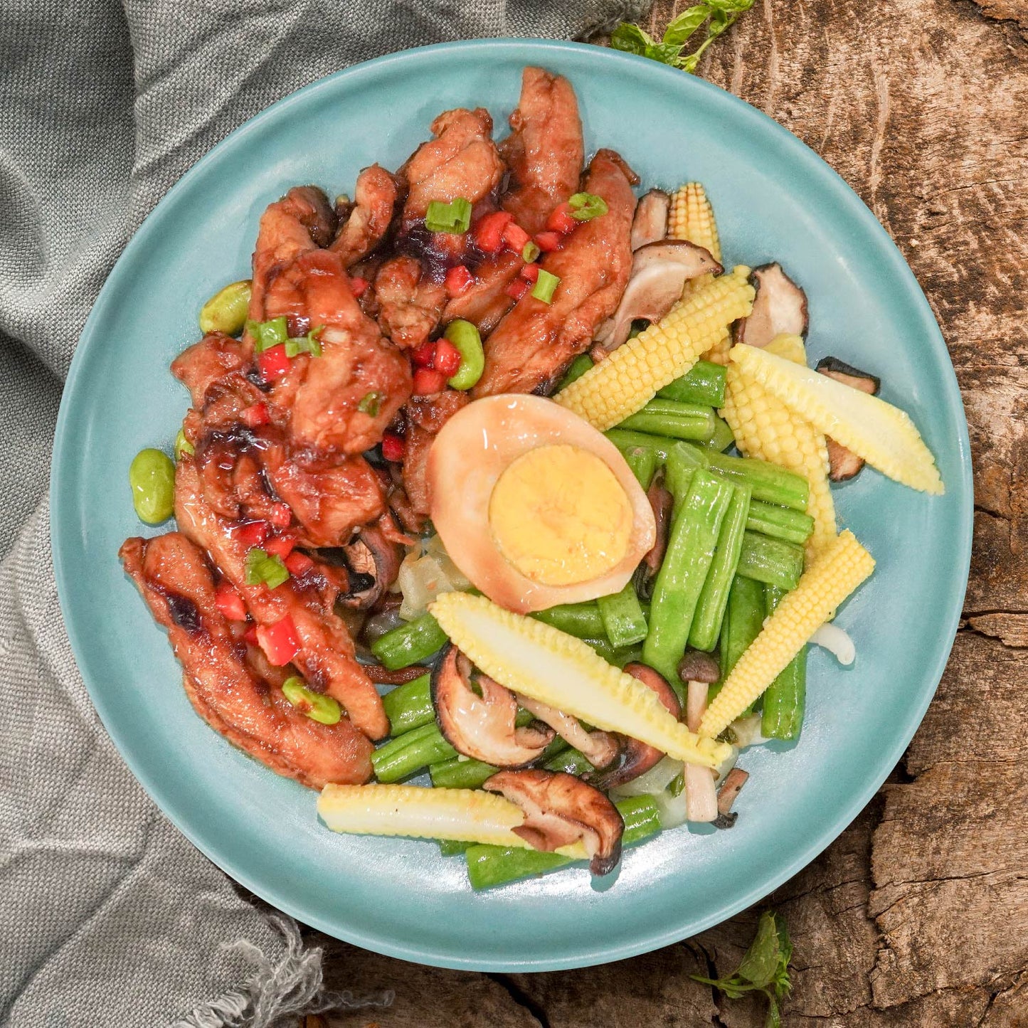 Shandong Chicken W/ Mushroom, Soy-Marinated Egg, Asian Greens