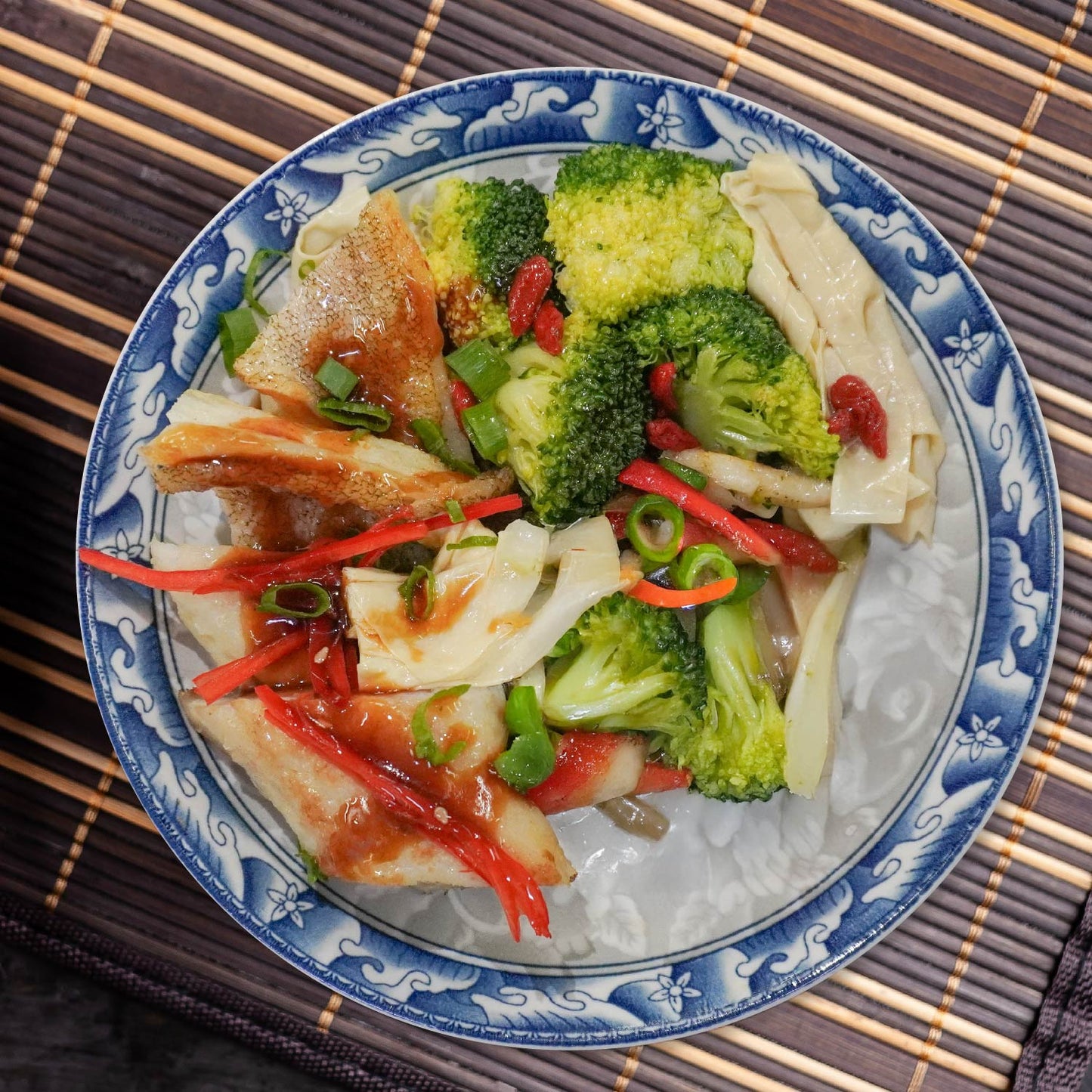 Braised Fish Fillet w/ Stir Fried Vegetables and Tangerine Peel and Oyster Sauce