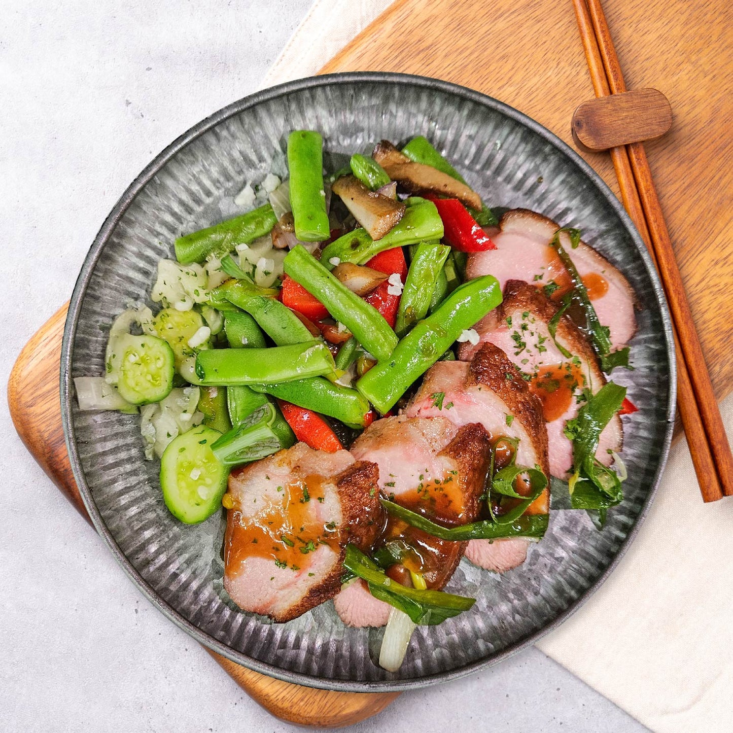 Sautée Scallions W/ Duck Breast, Seasonal Vegetables
