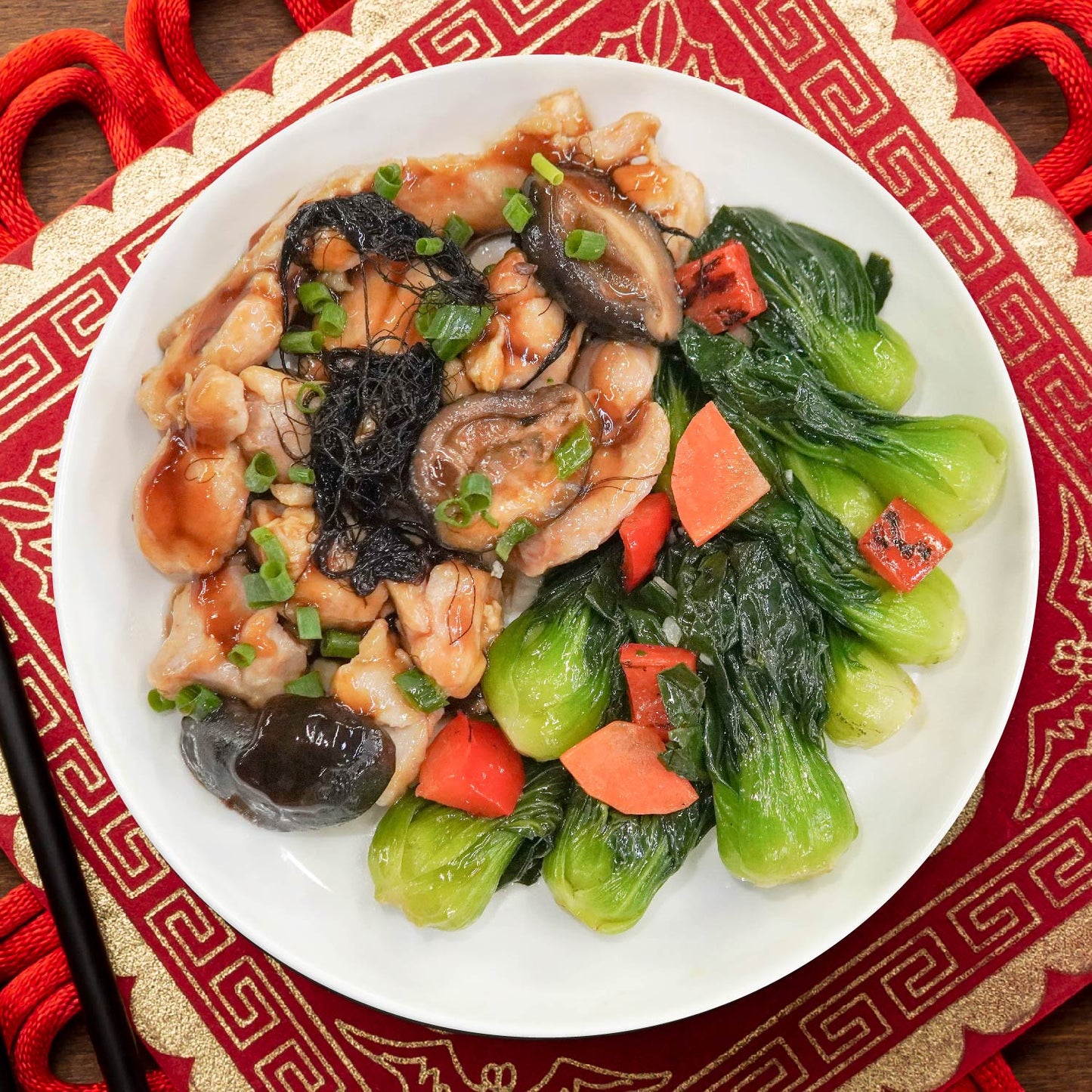 Braised Chicken W/ Assorted Mushrooms, Seasonal Vegetable