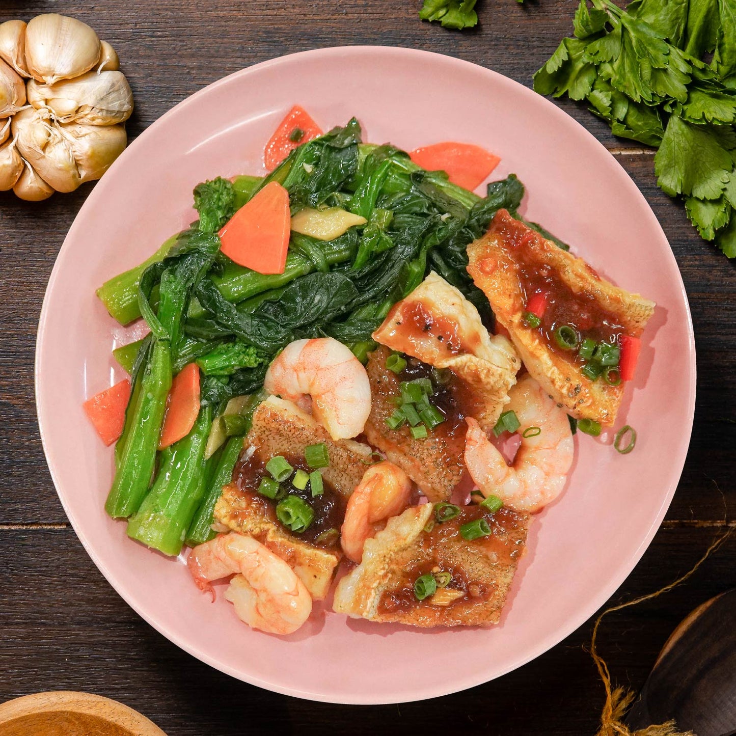 Black Garlic Fish Fillet W/ Prawns And Seasonal Greens