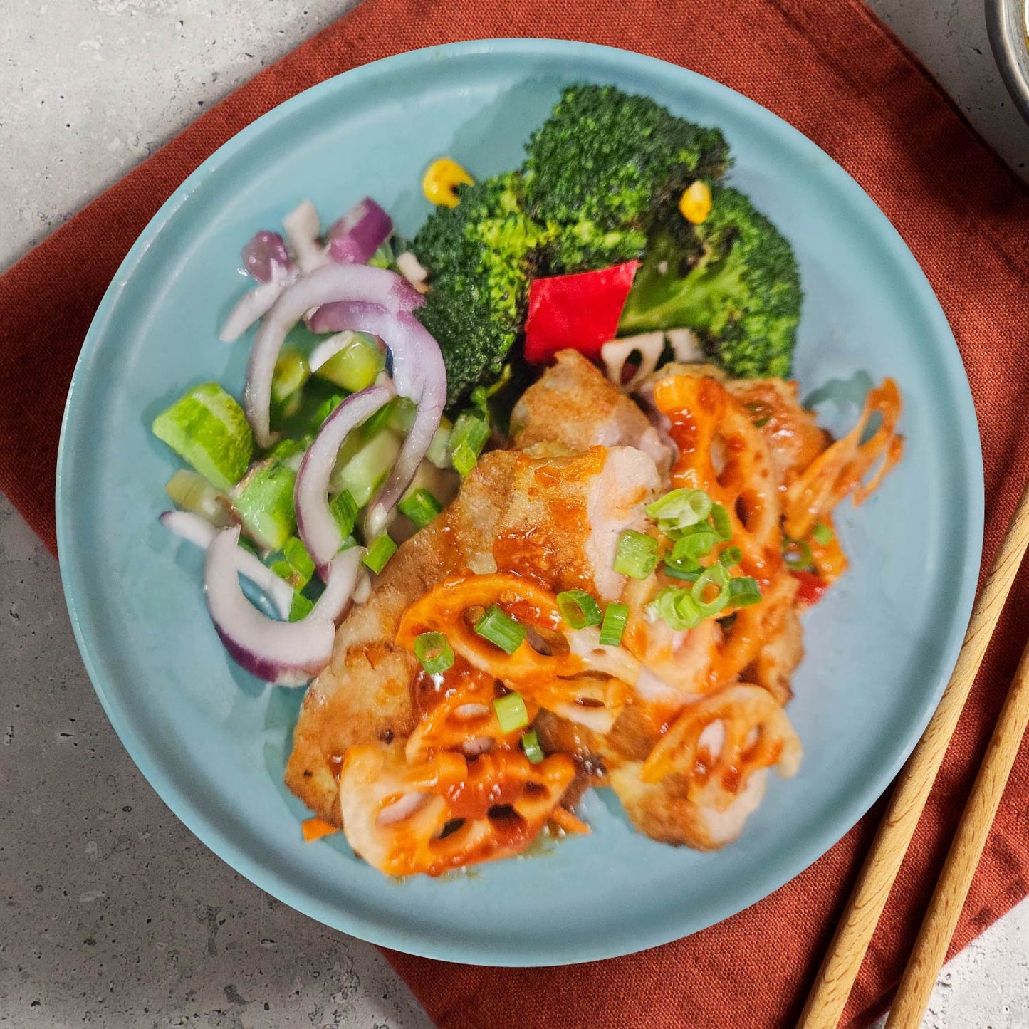 Kung Pao Pork Loin W/ Lotus Root, Seasonal Vegetables